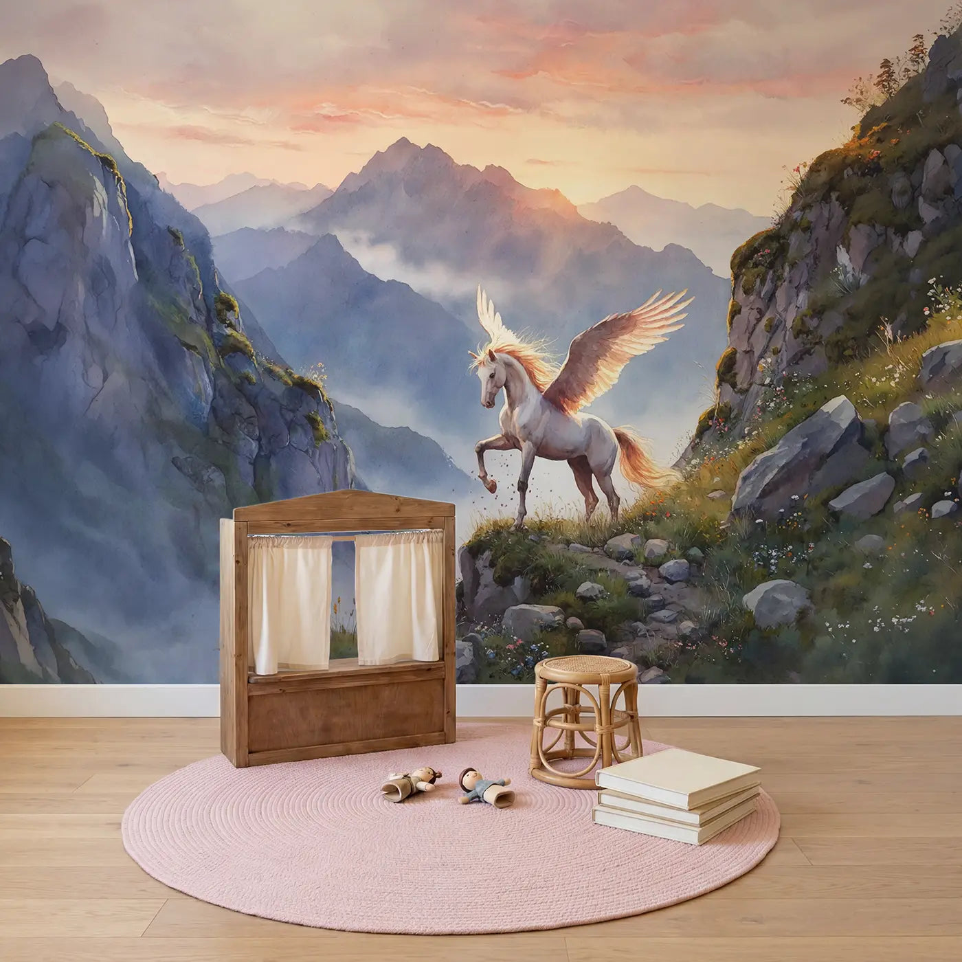 Mountaintop Pegasus Dawn Wallpaper Mural in playroom setting by Whimsy Tots