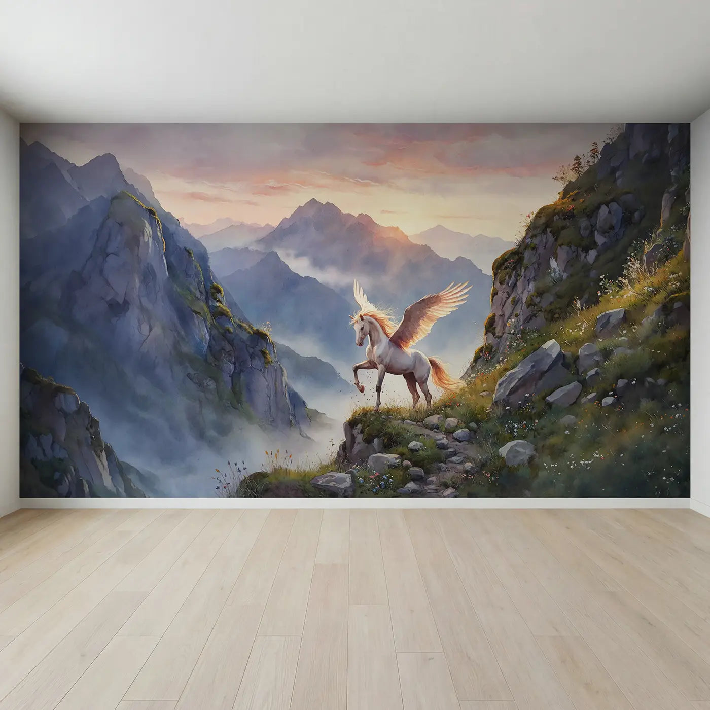 Full view of Mountaintop Pegasus Dawn Wallpaper Mural by Whimsy Tots