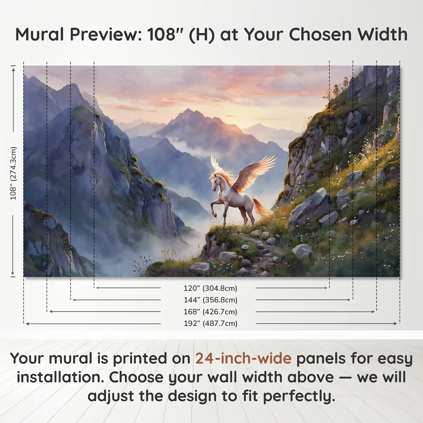 Panel layout and dimensions for Mountaintop Pegasus Dawn Wallpaper Mural by Whimsy Tots