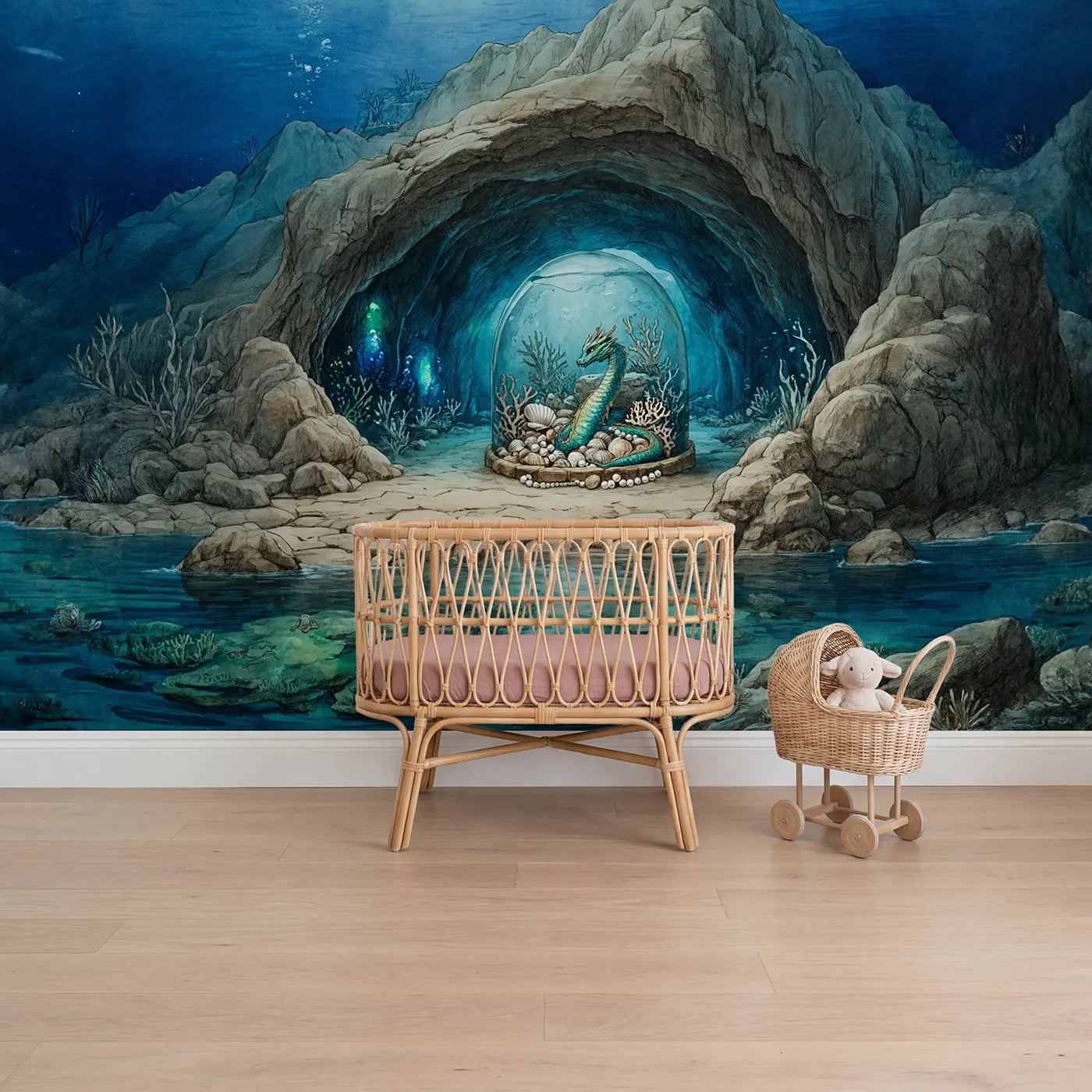Storybook underwater dragon cave wallpaper mural for girls room by Whimsy Tots