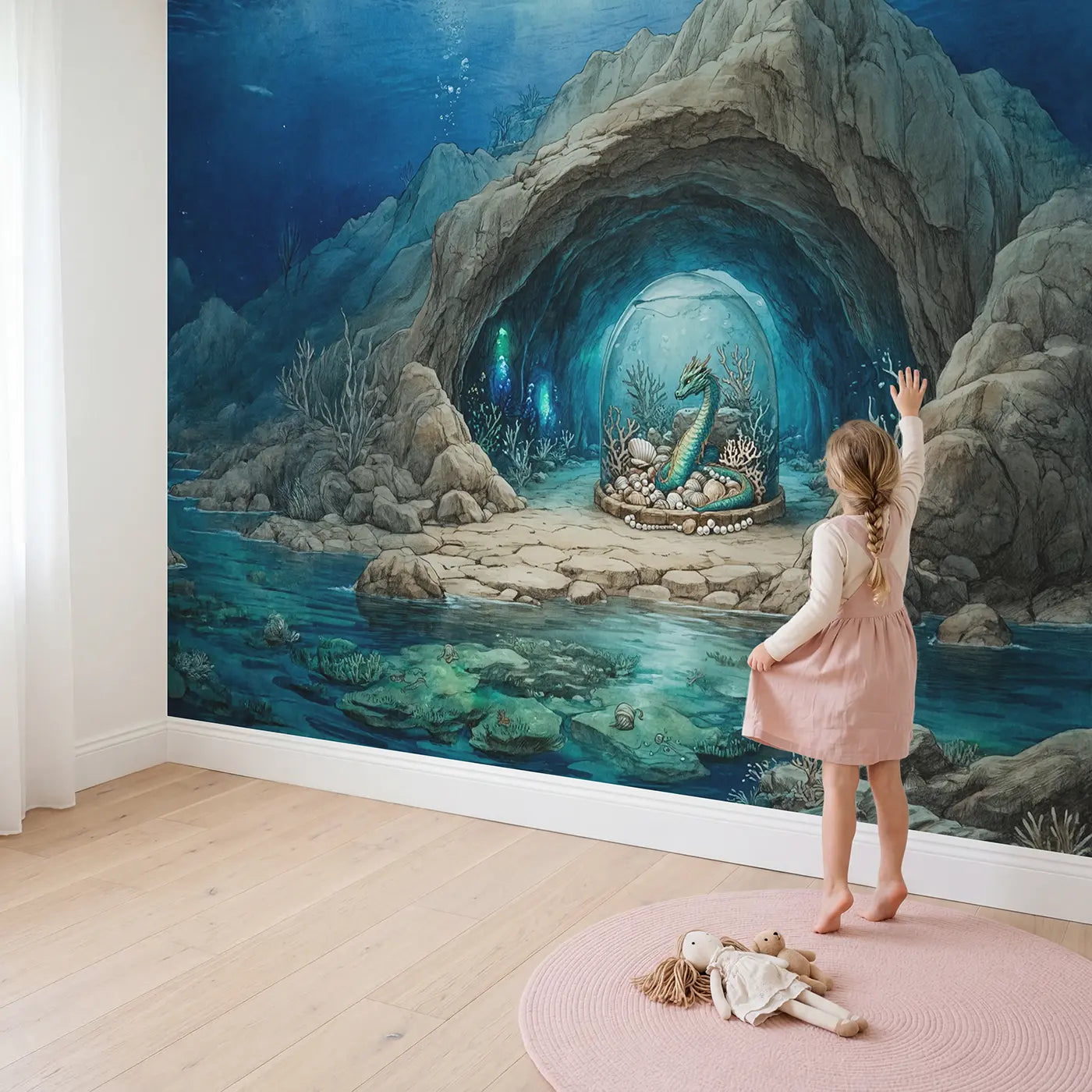 Child in nursery with Underwater Dragon Cave Wallpaper Mural by Whimsy Tots