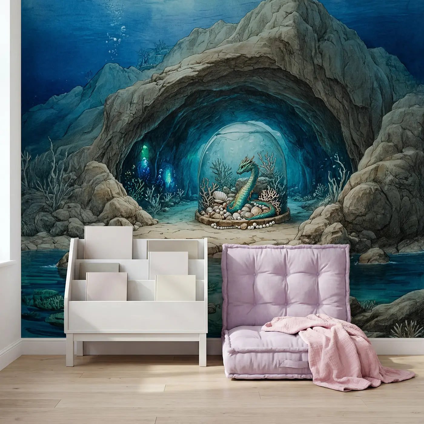 Underwater Dragon Cave Wallpaper Mural in playroom setting by Whimsy Tots