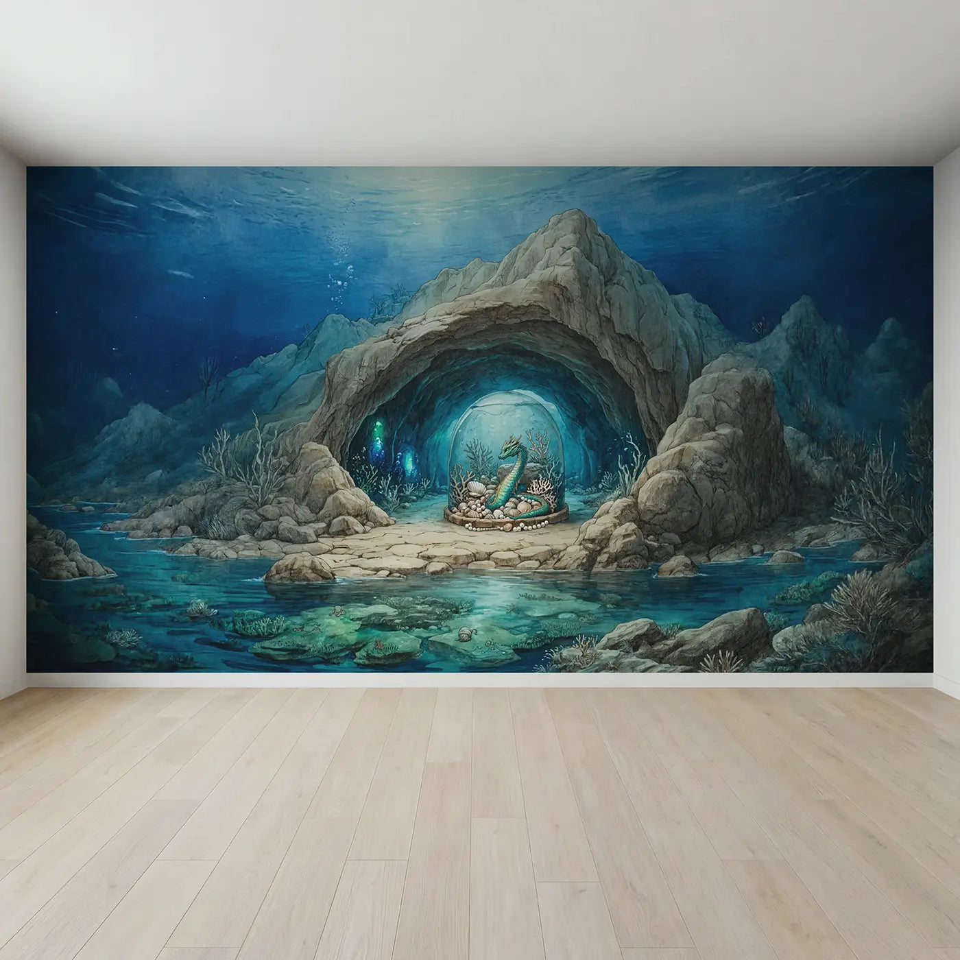 Full view of Underwater Dragon Cave Wallpaper Mural by Whimsy Tots