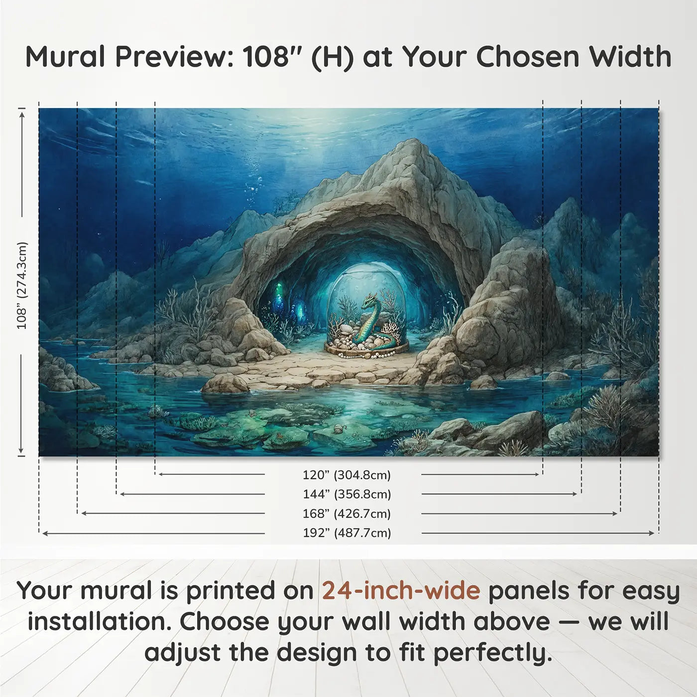 Panel layout and dimensions for Underwater Dragon Cave Wallpaper Mural by Whimsy Tots
