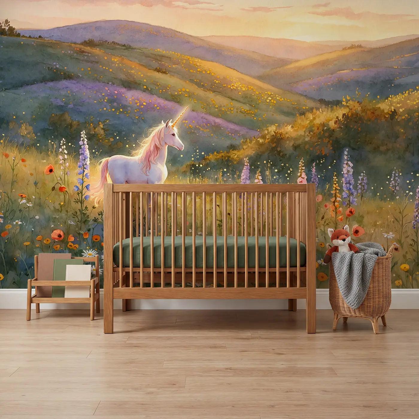 Watercolor golden unicorn in meadow wallpaper mural for boys room by Whimsy Tots