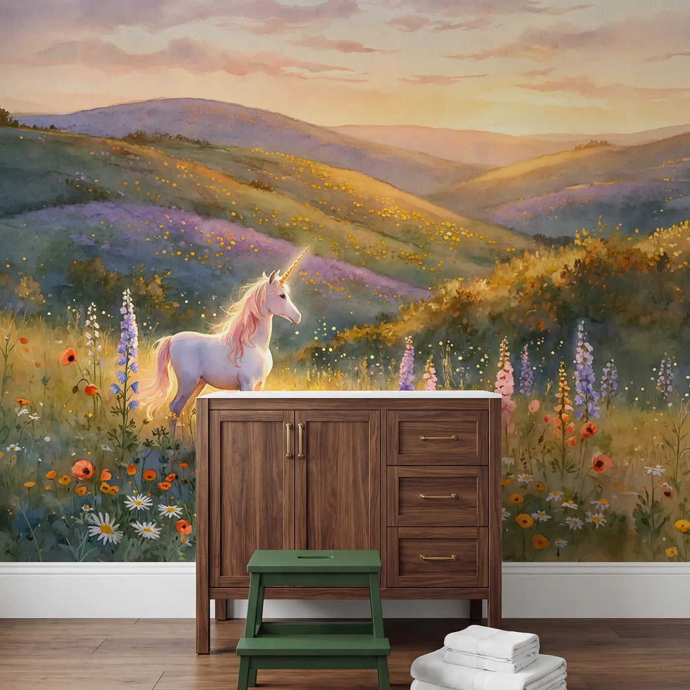 Golden Meadow Unicorn Wallpaper Mural in playroom setting by Whimsy Tots