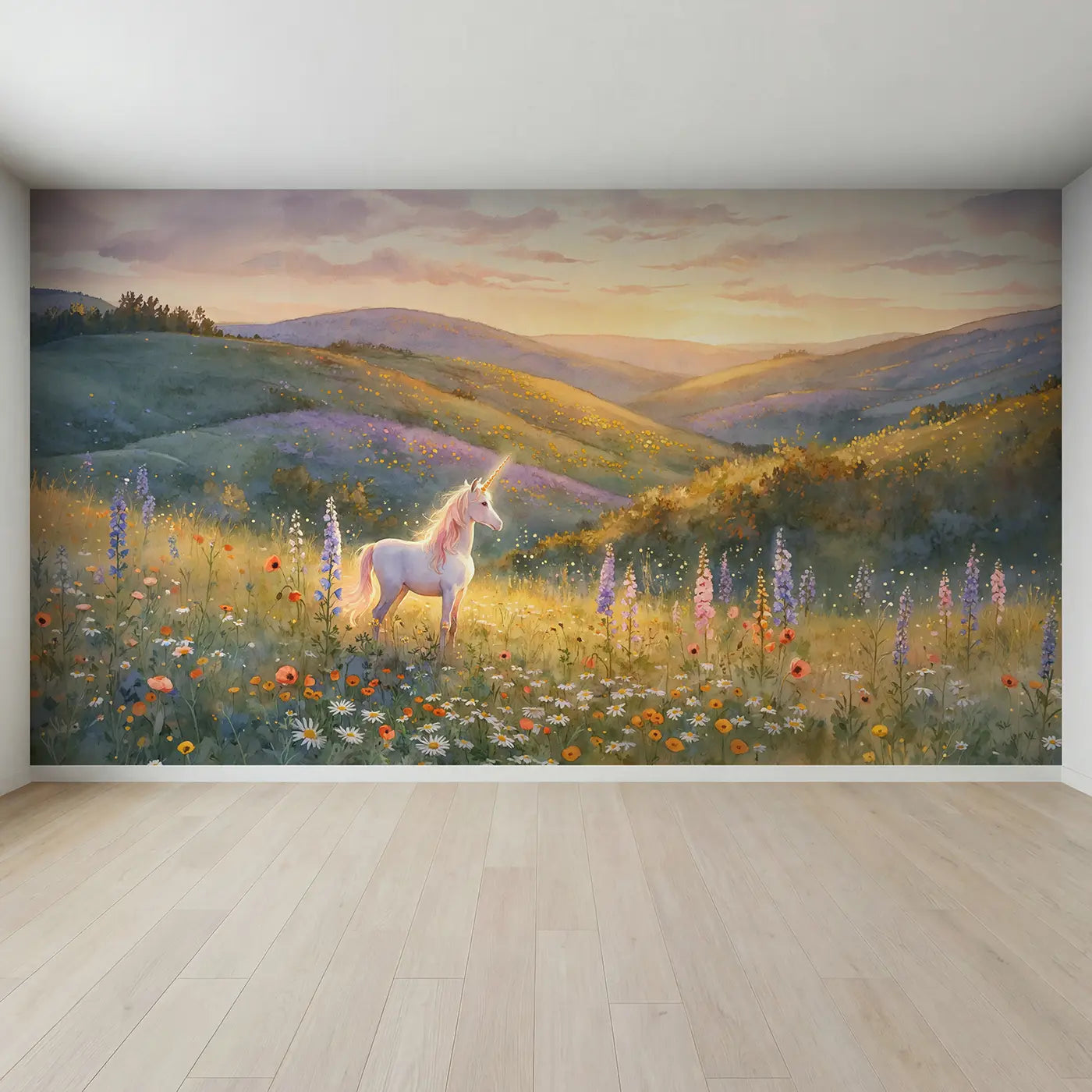 Full view of Golden Meadow Unicorn Wallpaper Mural by Whimsy Tots