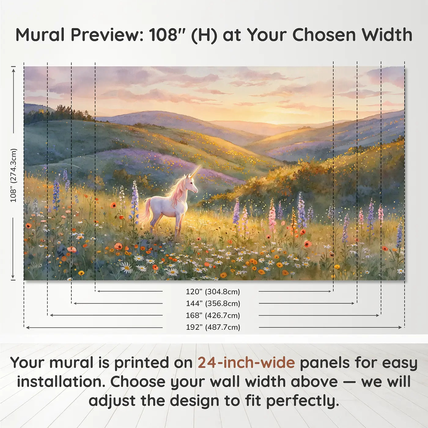 Panel layout and dimensions for Golden Meadow Unicorn Wallpaper Mural by Whimsy Tots