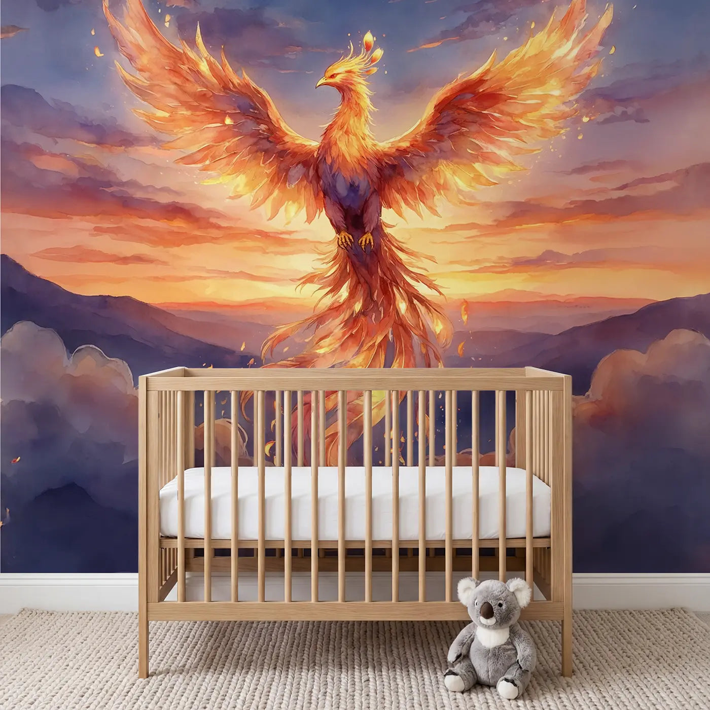 Watercolor phoenix sunset flight cloud wallpaper mural for nursery by Whimsy Tots