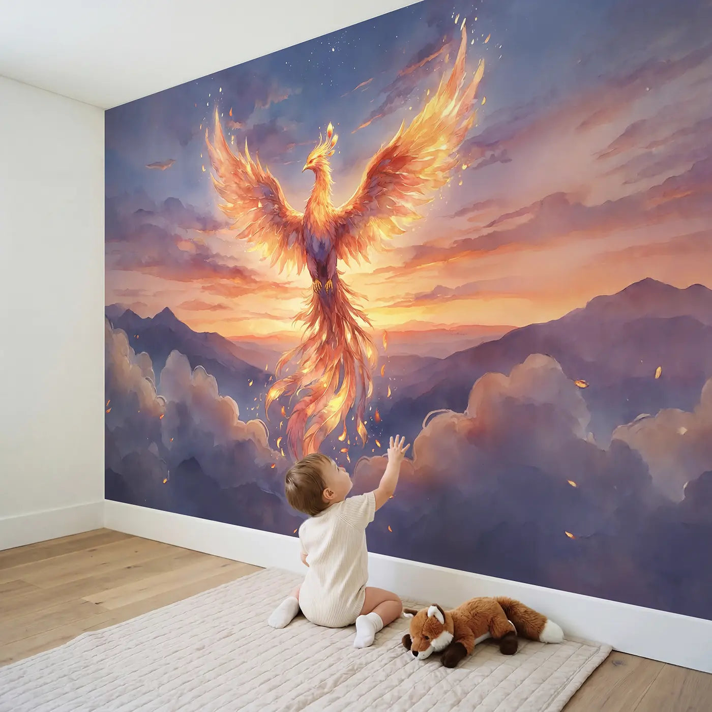 Child in nursery with Phoenix Sunset Flight Wallpaper Mural by Whimsy Tots