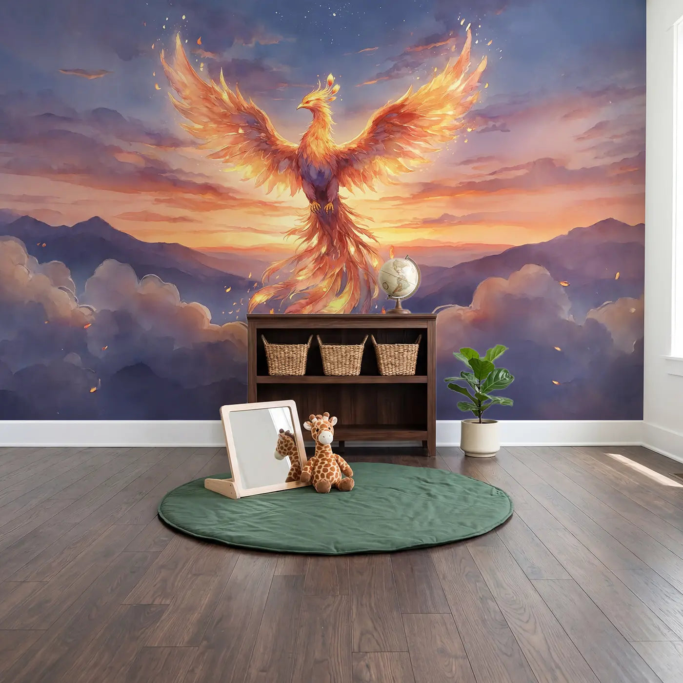 Phoenix Sunset Flight Wallpaper Mural in playroom setting by Whimsy Tots