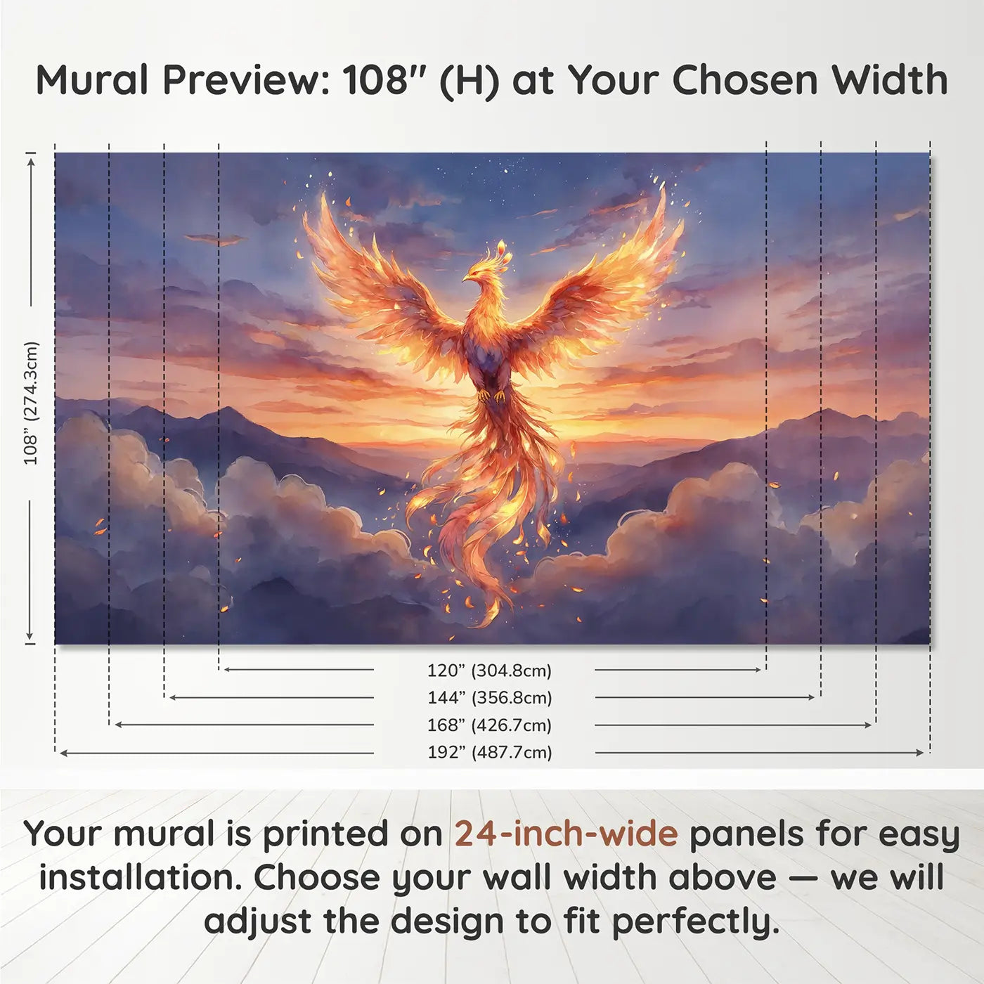 Panel layout and dimensions for Phoenix Sunset Flight Wallpaper Mural by Whimsy Tots