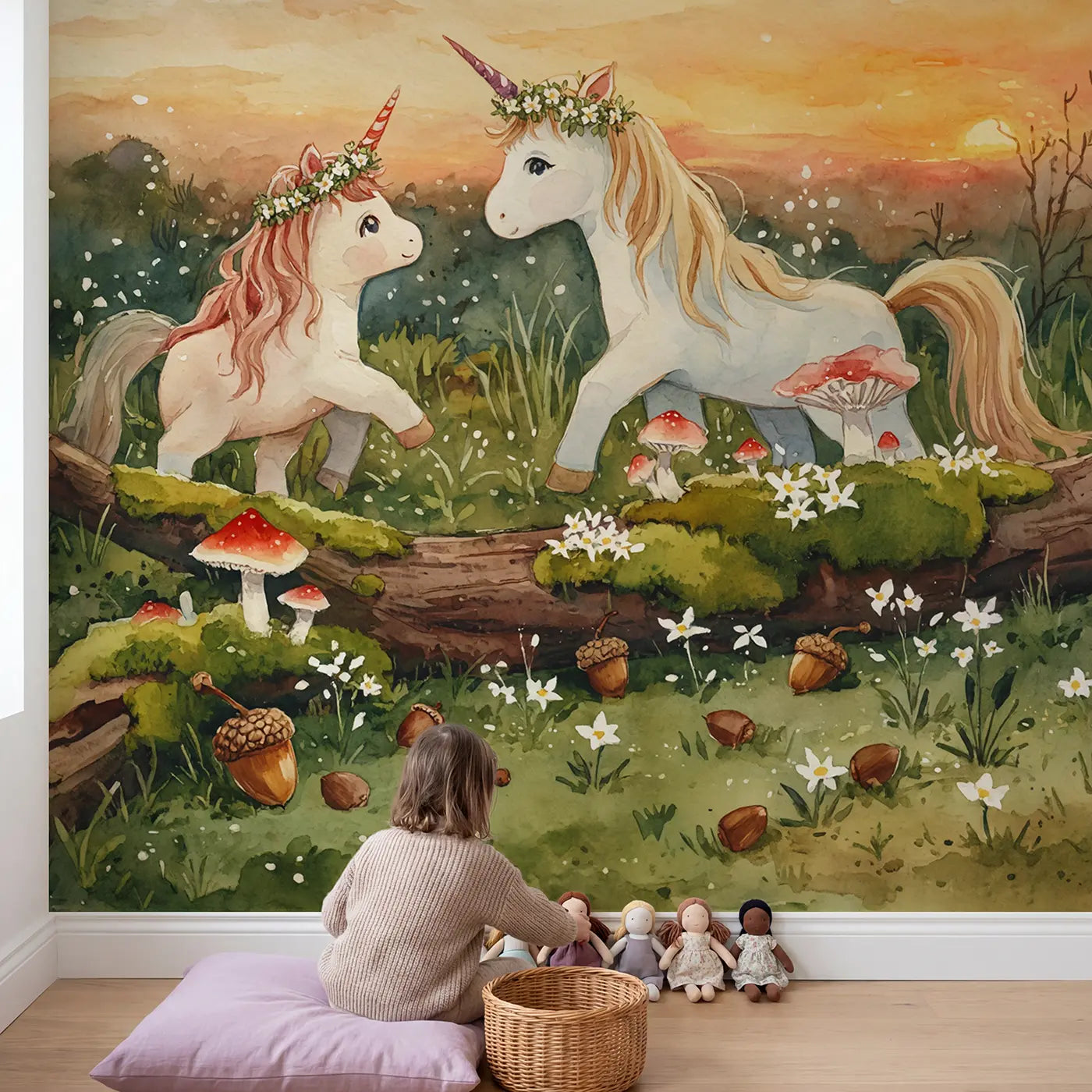Child in nursery with Unicorn Fairy Sharing Flower Wallpaper Mural by Whimsy Tots