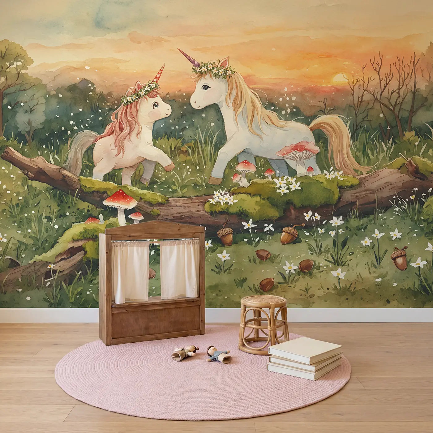 Unicorn Fairy Sharing Flower Wallpaper Mural in playroom setting by Whimsy Tots