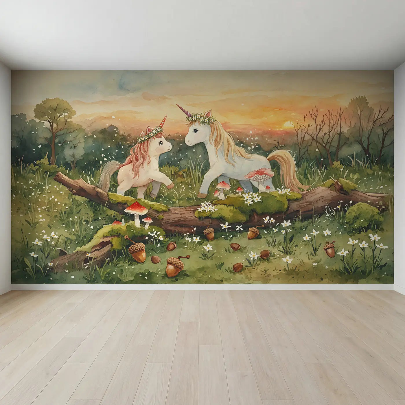 Full view of Unicorn Fairy Sharing Flower Wallpaper Mural by Whimsy Tots