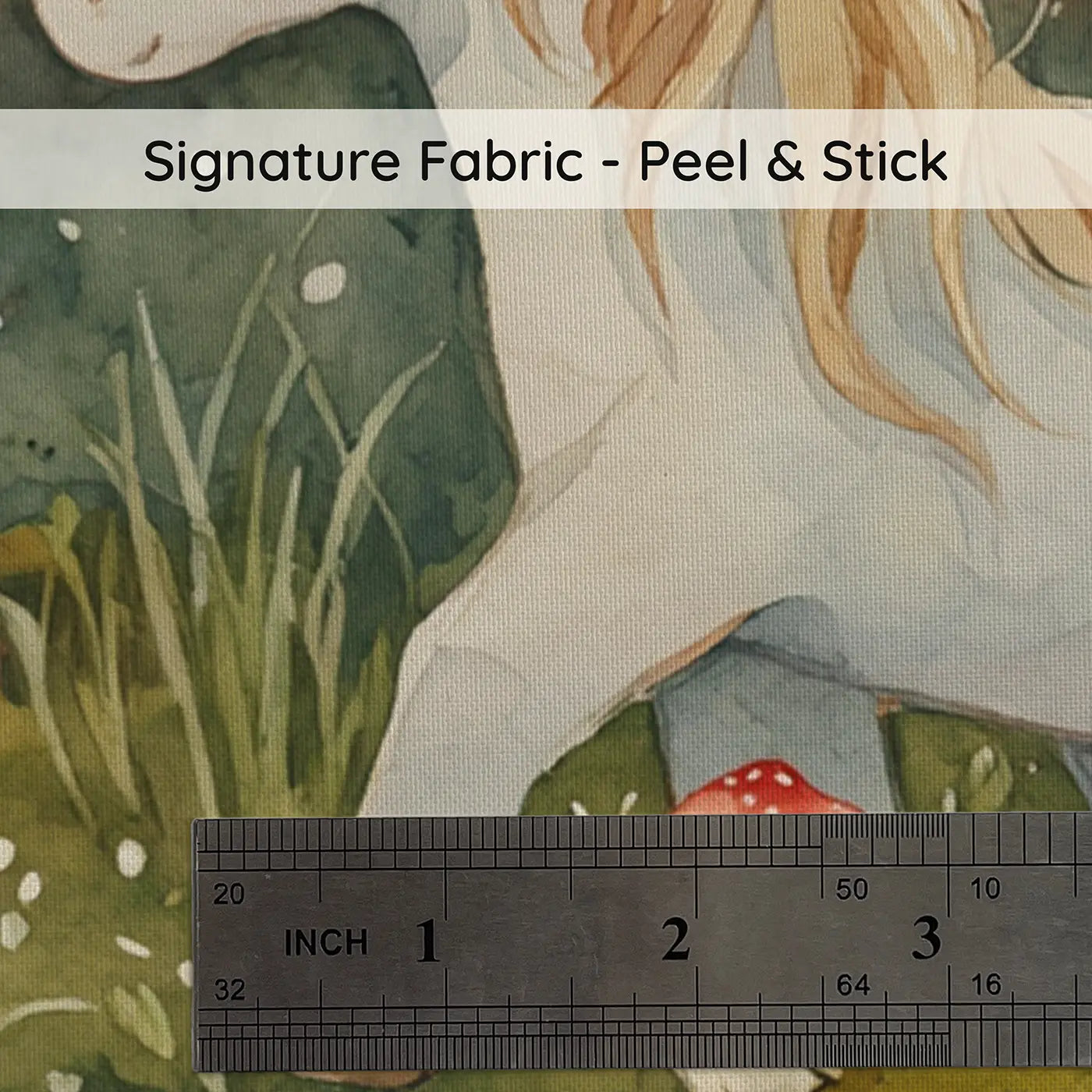 Fabric texture close-up of Unicorn Fairy Sharing Flower Wallpaper Mural by Whimsy Tots