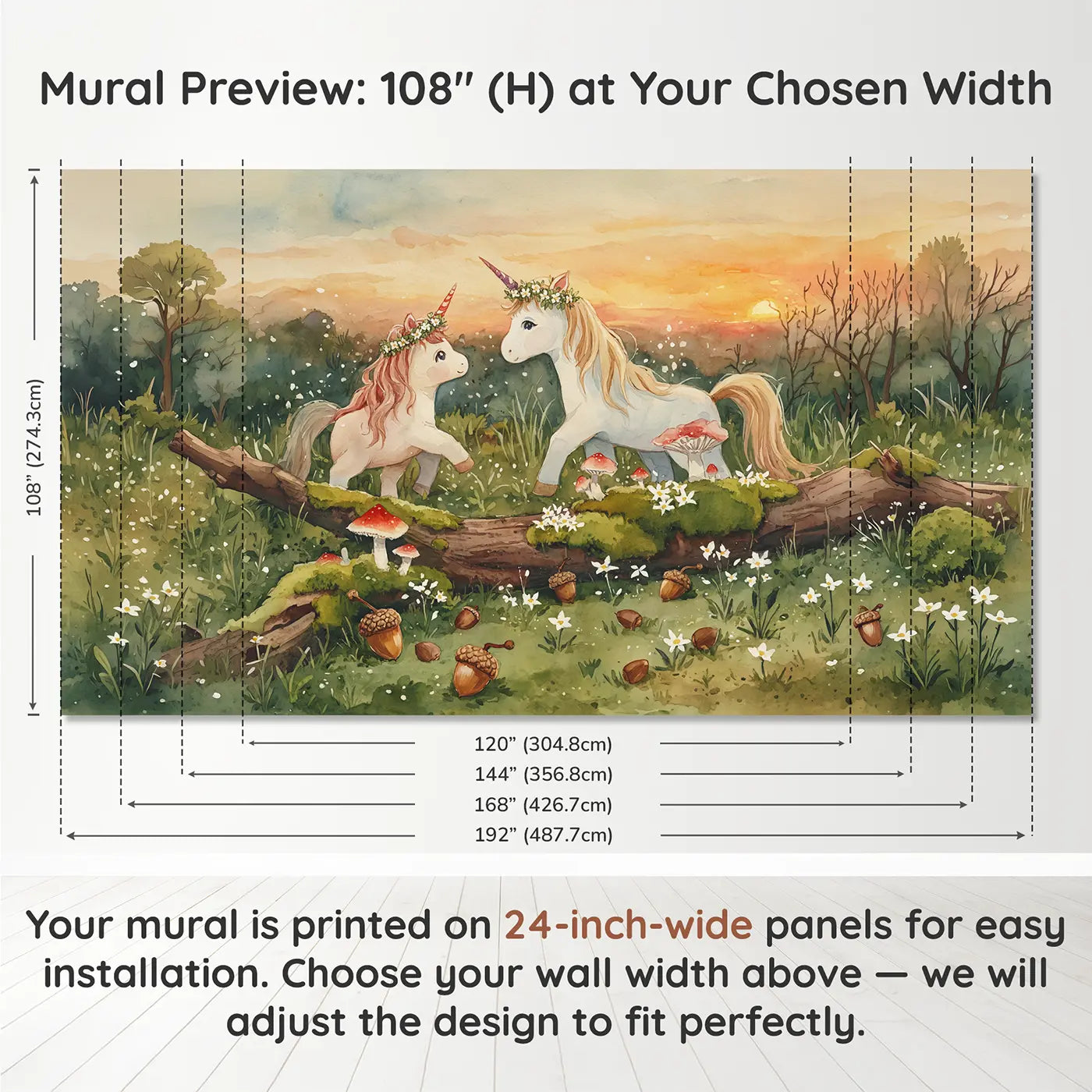 Panel layout and dimensions for Unicorn Fairy Sharing Flower Wallpaper Mural by Whimsy Tots