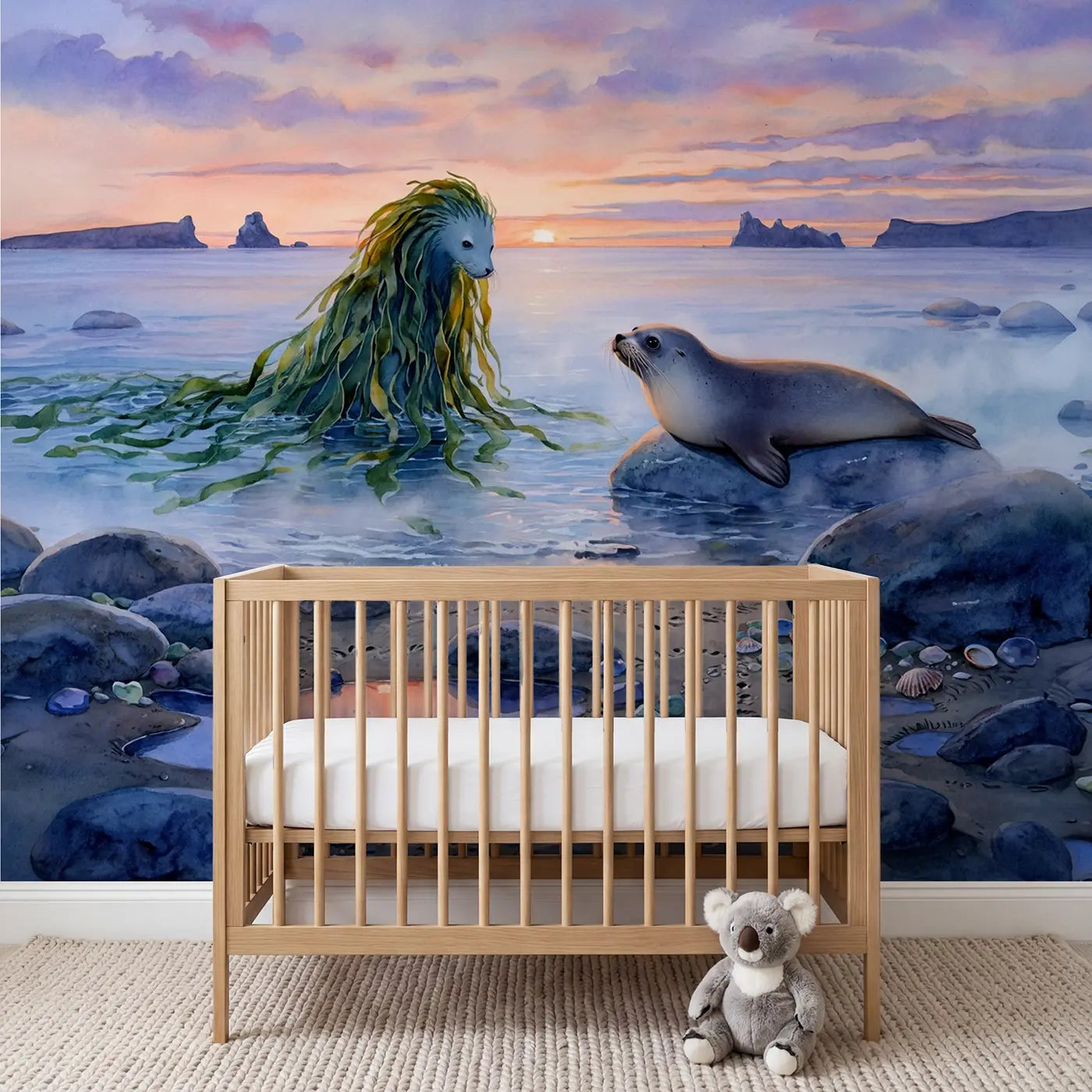 Watercolor kelpie selkie misty shore wallpaper mural for nursery by Whimsy Tots