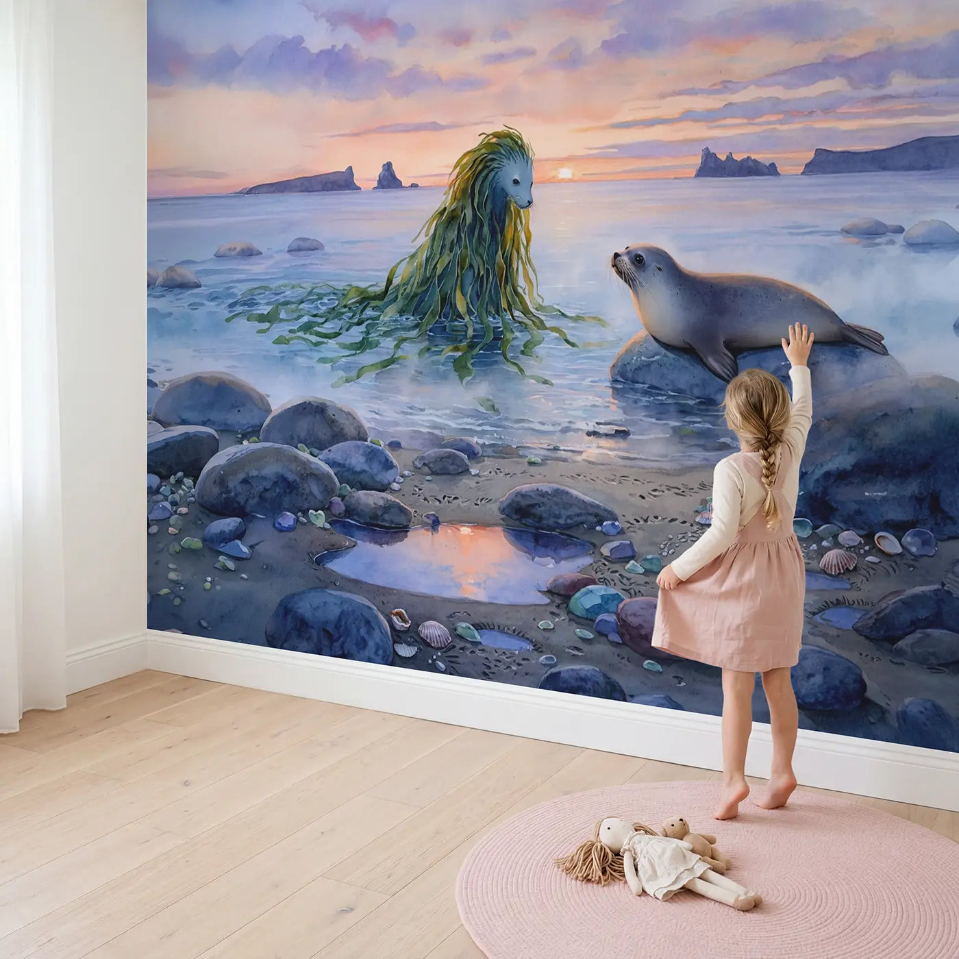 Child in nursery with Kelpie and Selkie Shore Wallpaper Mural by Whimsy Tots
