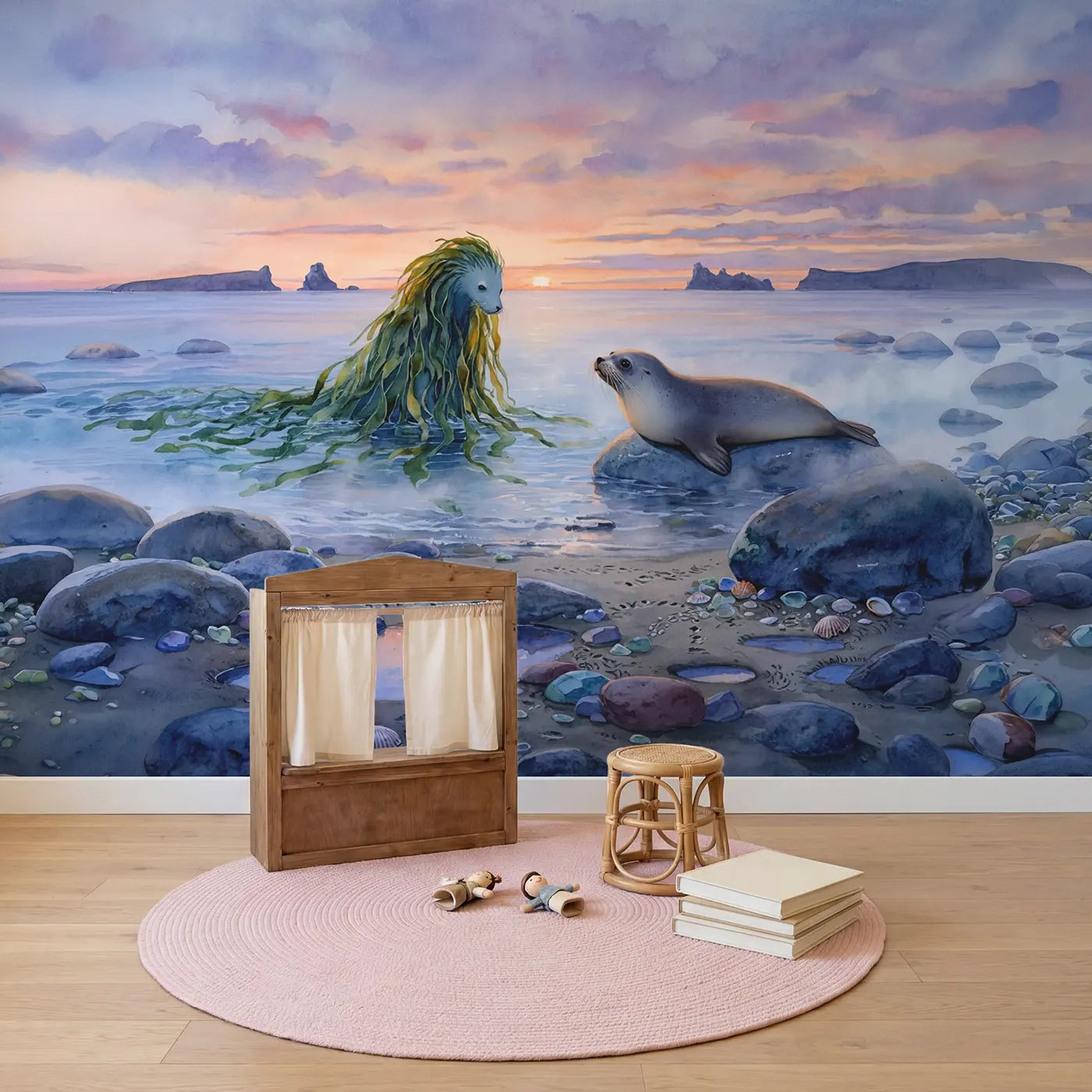Kelpie and Selkie Shore Wallpaper Mural in playroom setting by Whimsy Tots