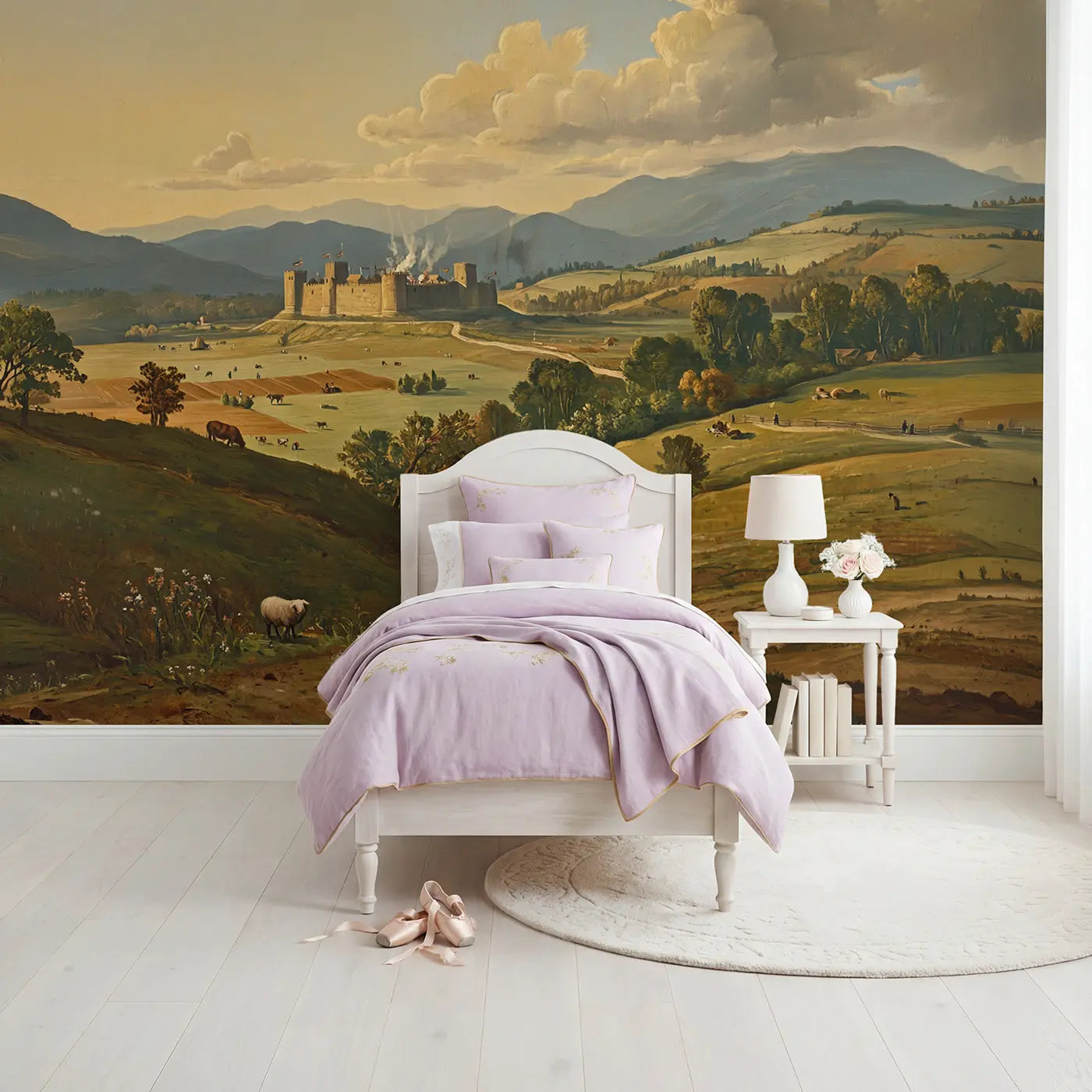 Painted Landscape distant castle valley vista wallpaper mural for girls room by Whimsy Tots