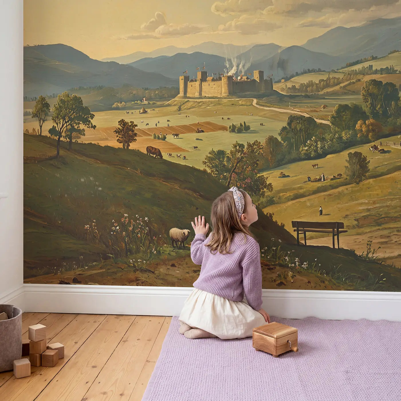 Child in nursery with Distant Castle Valley Vista Wallpaper Mural by Whimsy Tots