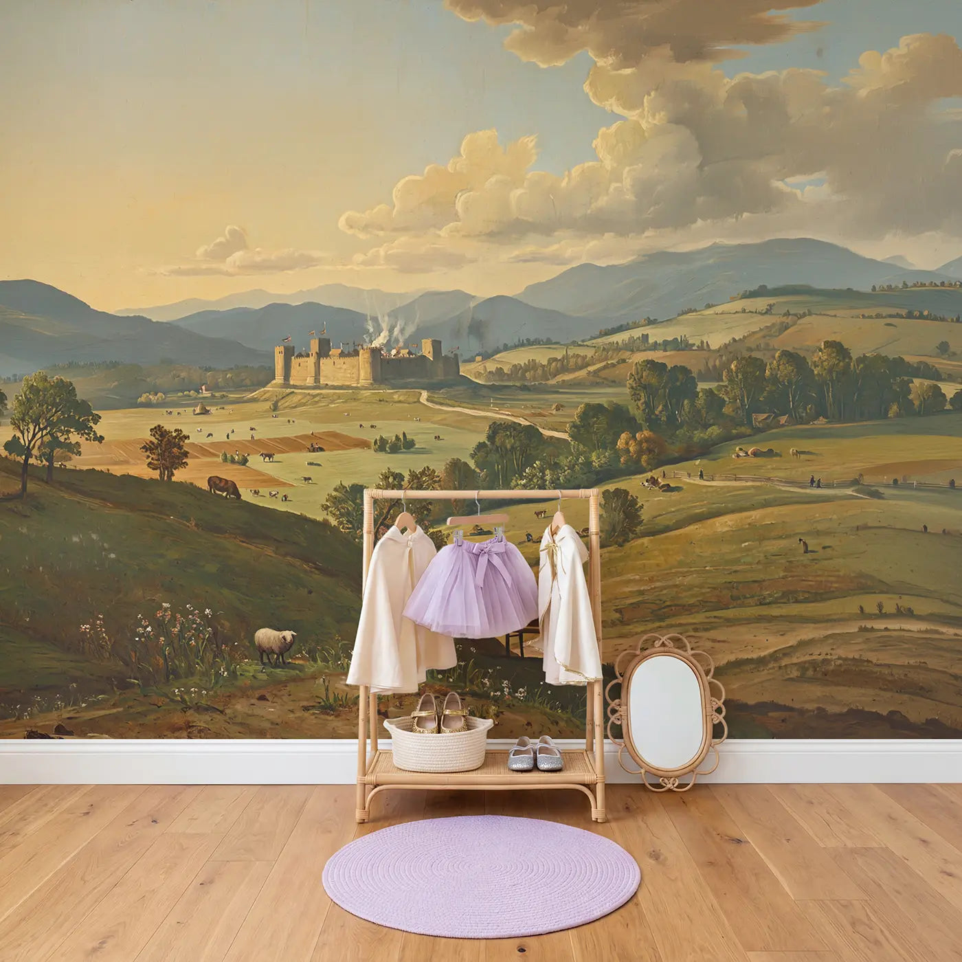 Distant Castle Valley Vista Wallpaper Mural in playroom setting by Whimsy Tots