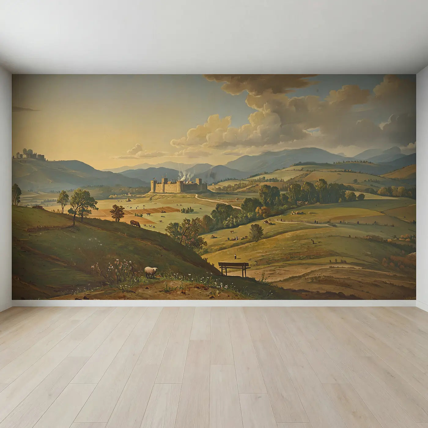 Full view of Distant Castle Valley Vista Wallpaper Mural by Whimsy Tots