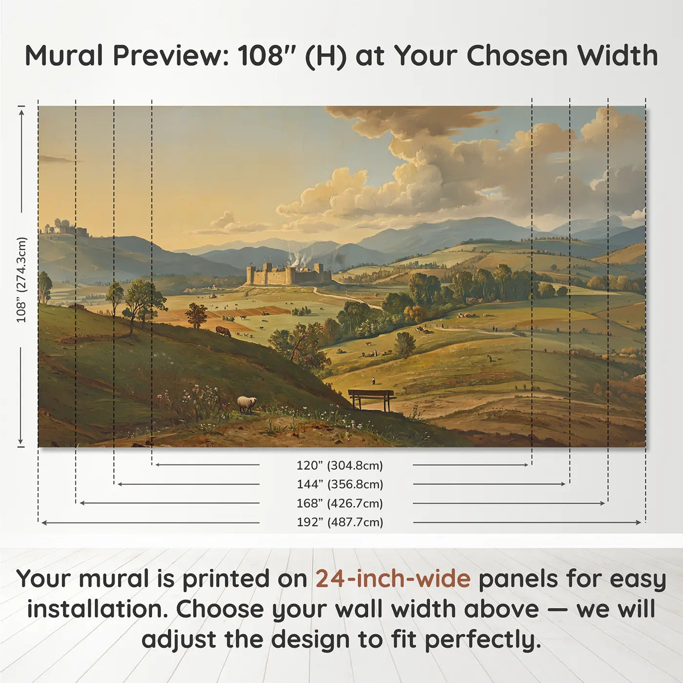 Panel layout and dimensions for Distant Castle Valley Vista Wallpaper Mural by Whimsy Tots