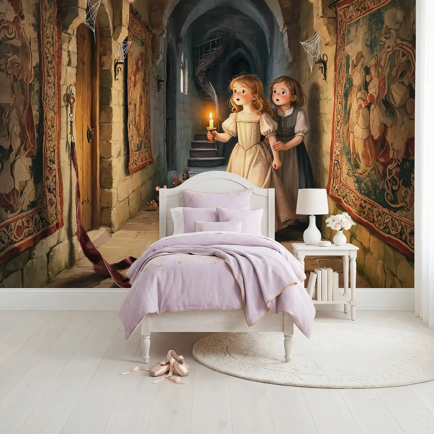 Soft Pastel castle secret passage wallpaper mural for girls room by Whimsy Tots