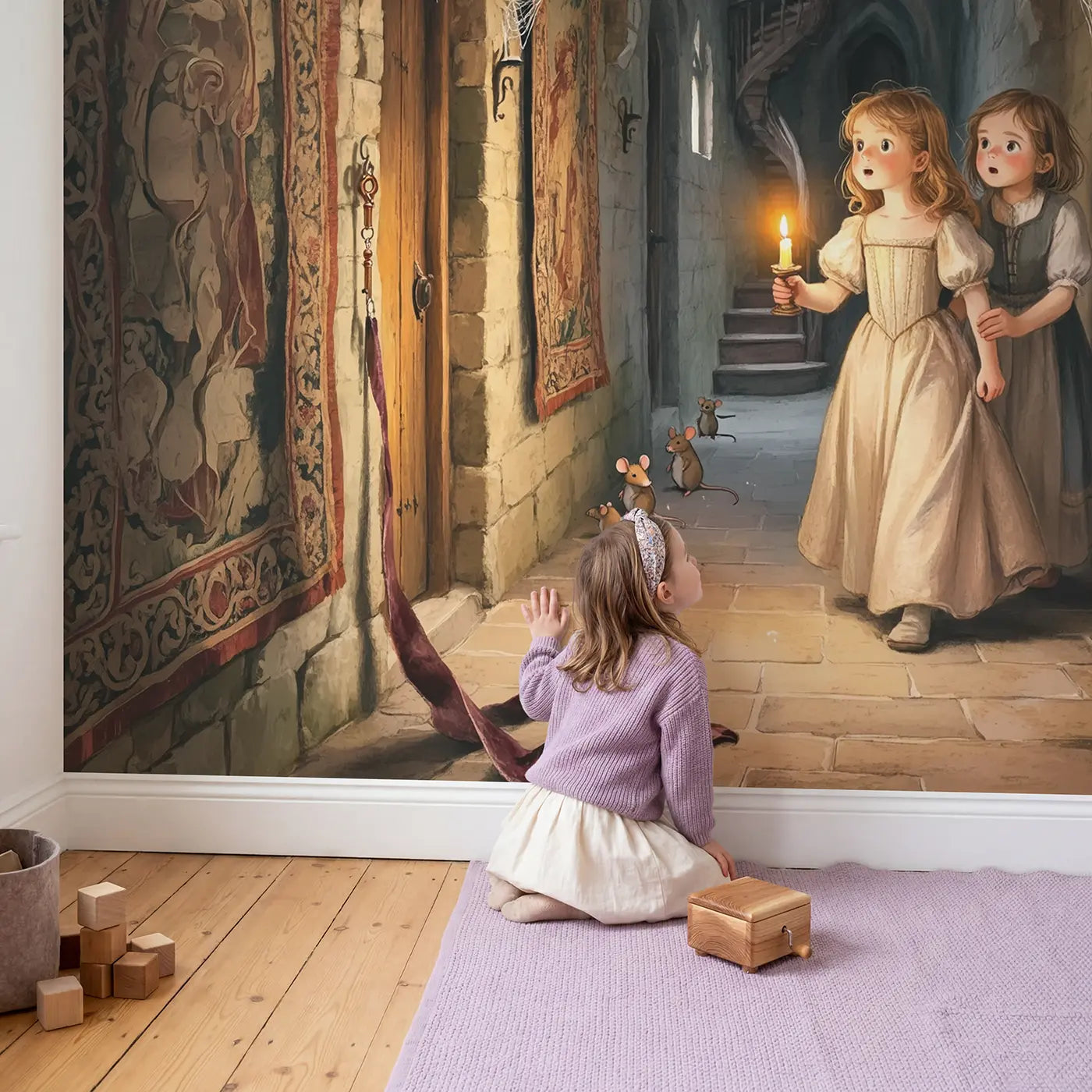 Child in nursery with Castle Secret Passage Wallpaper Mural by Whimsy Tots