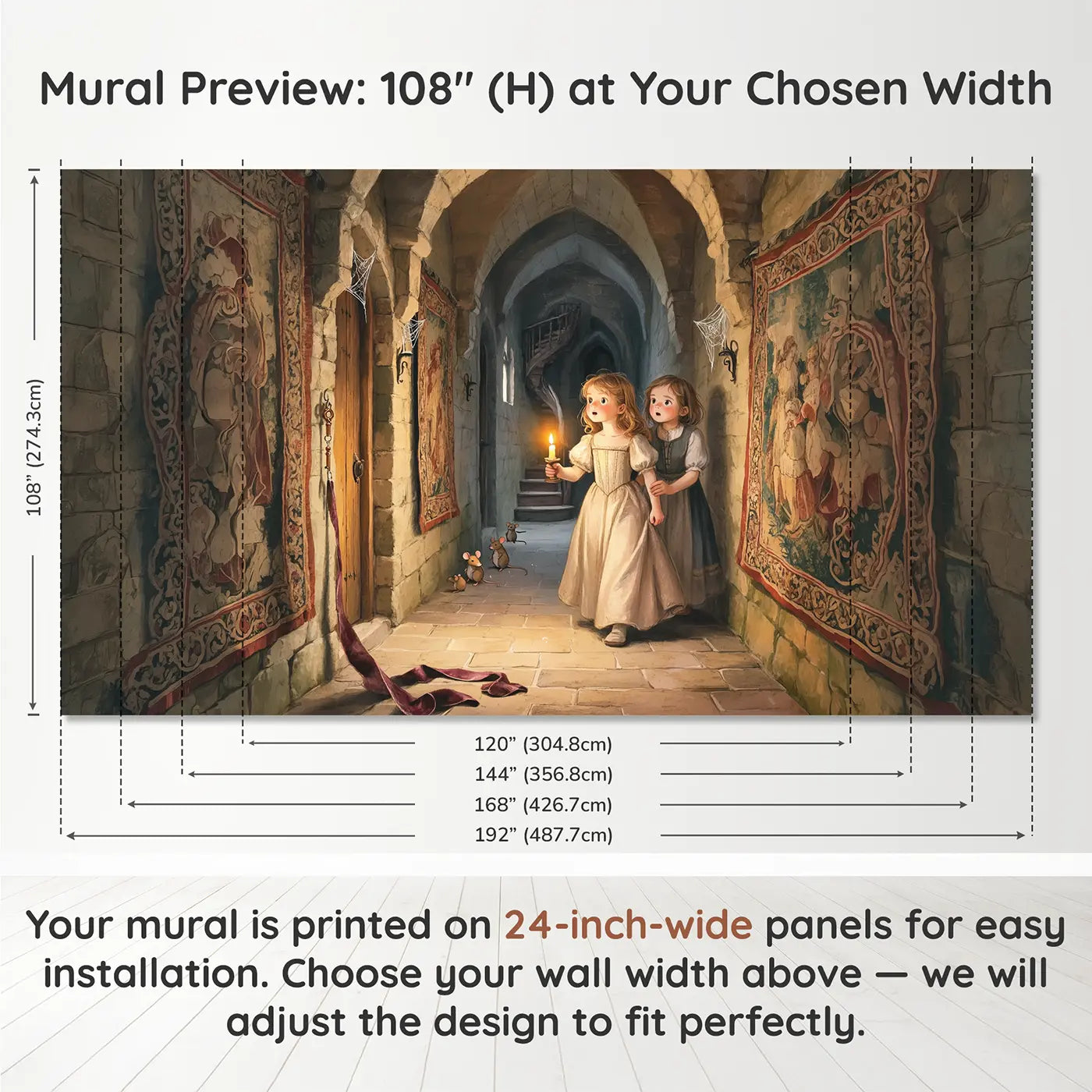 Panel layout and dimensions for Castle Secret Passage Wallpaper Mural by Whimsy Tots