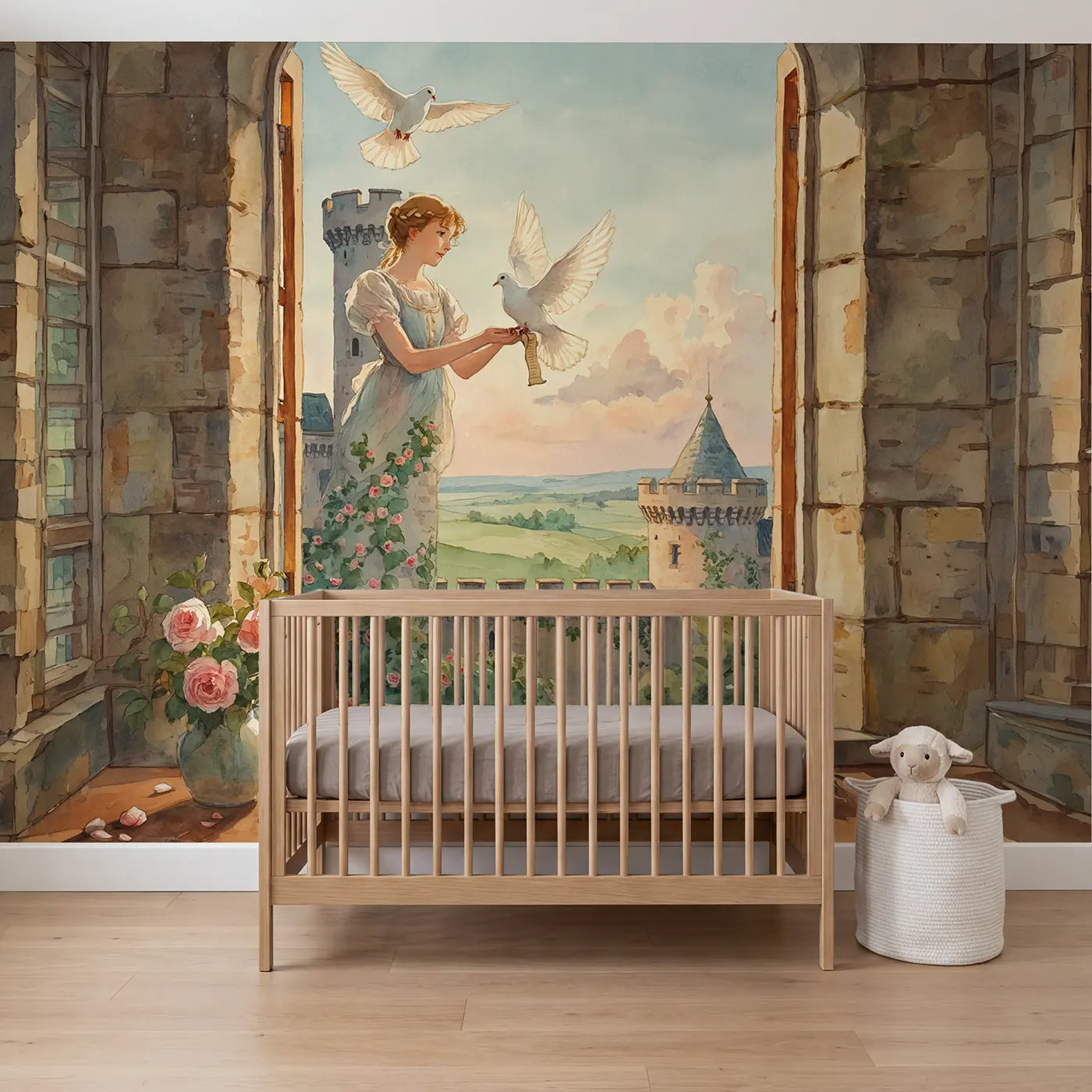 Watercolor carrier dove princess castle tower wallpaper mural for kids room by Whimsy Tots