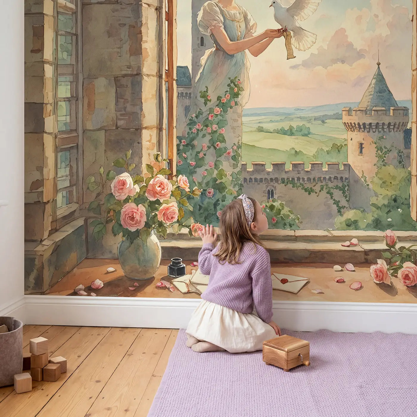 Child in nursery with Carrier Dove Princess Wallpaper Mural by Whimsy Tots
