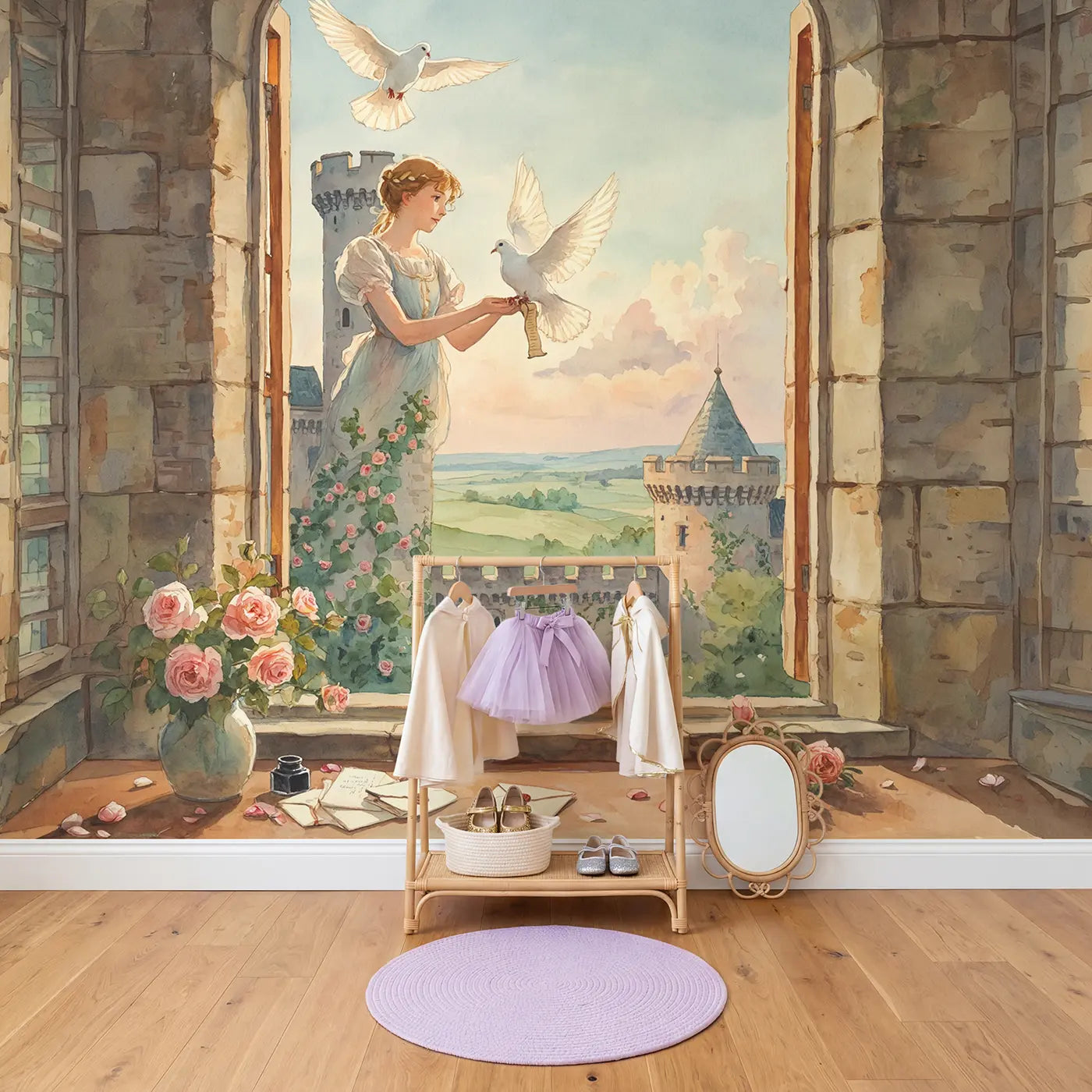 Carrier Dove Princess Wallpaper Mural in playroom setting by Whimsy Tots