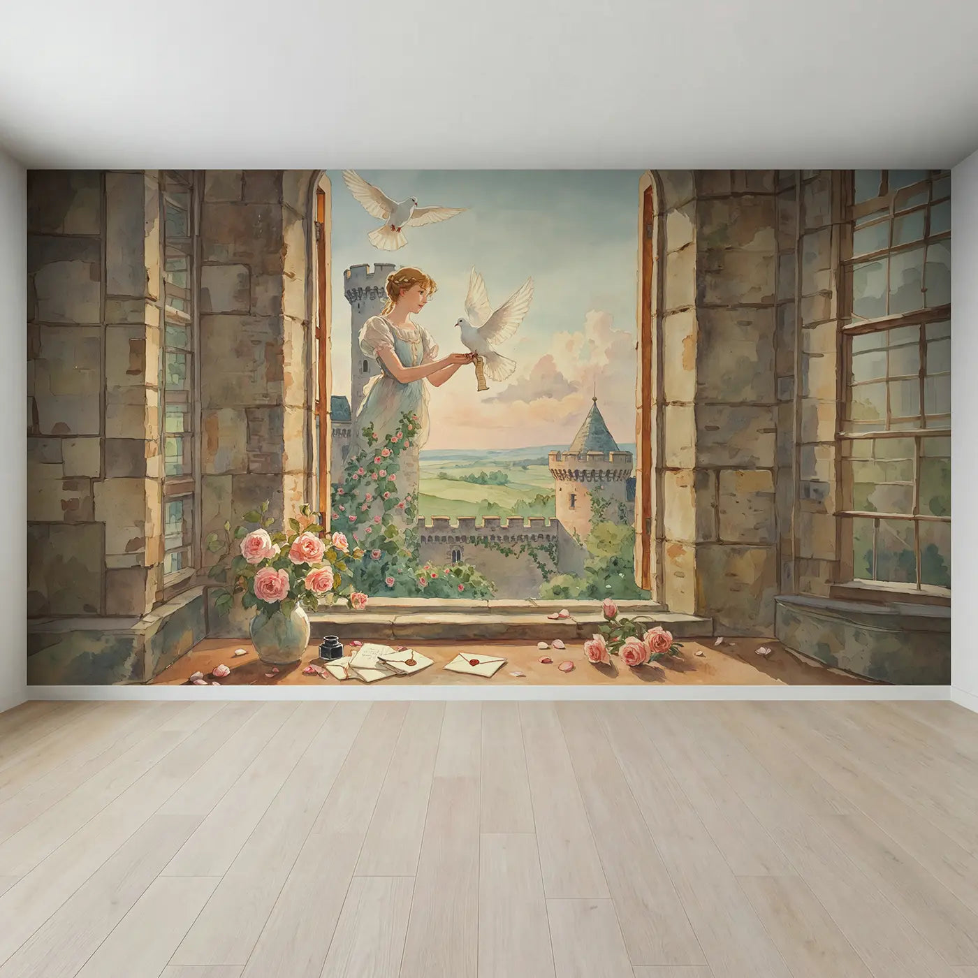 Full view of Carrier Dove Princess Wallpaper Mural by Whimsy Tots