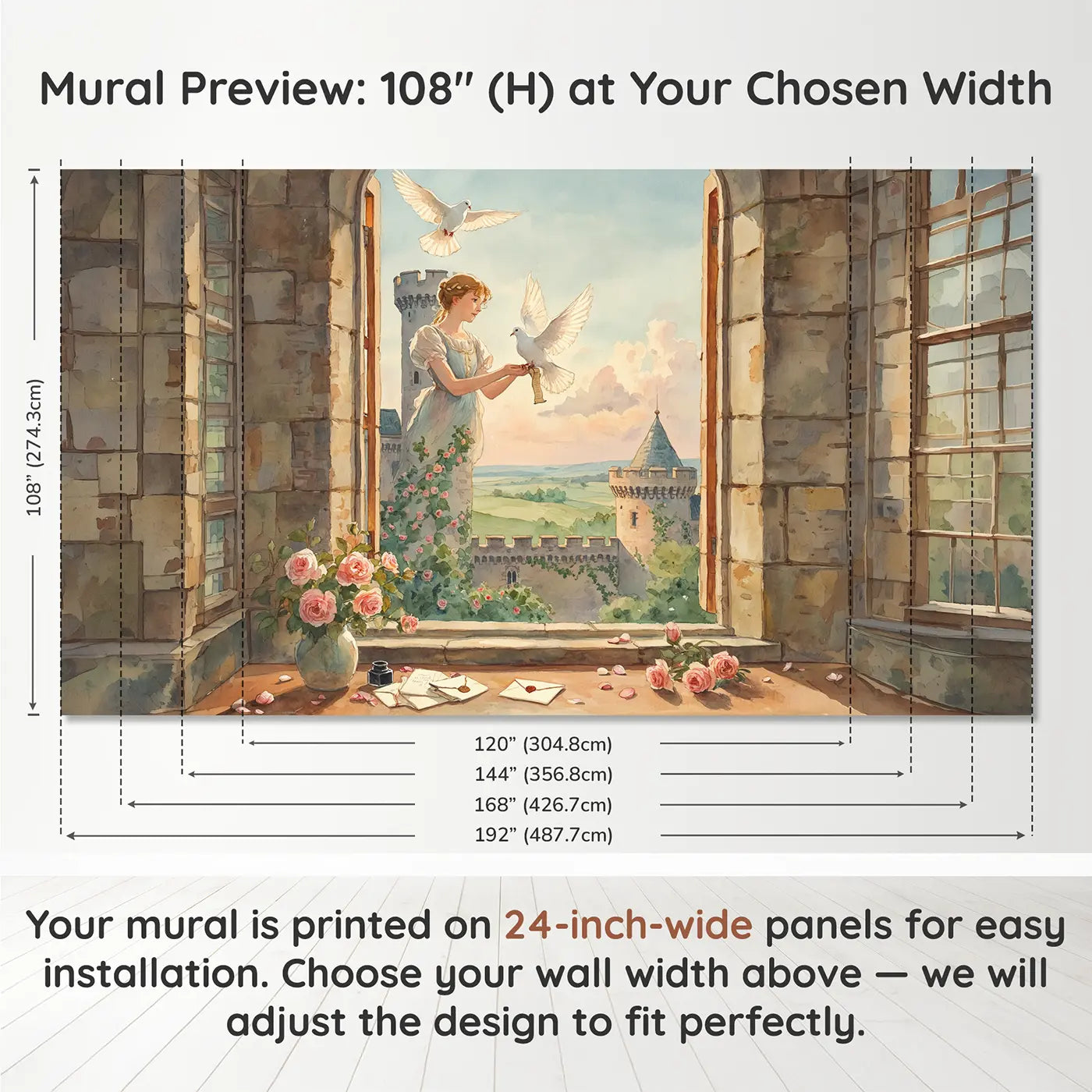 Panel layout and dimensions for Carrier Dove Princess Wallpaper Mural by Whimsy Tots
