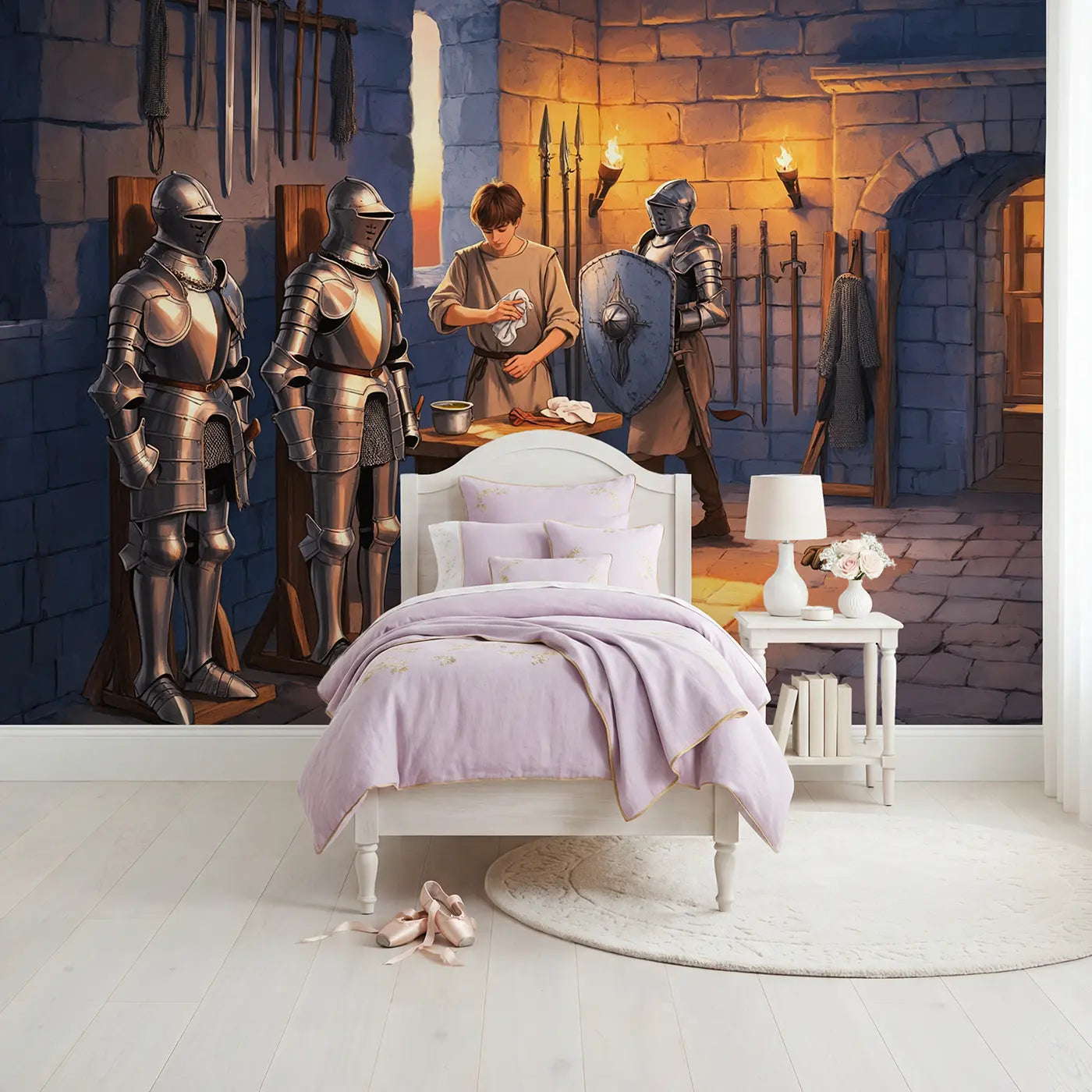 Soft Pastel castle armory knight preparation wallpaper mural for kids room by Whimsy Tots