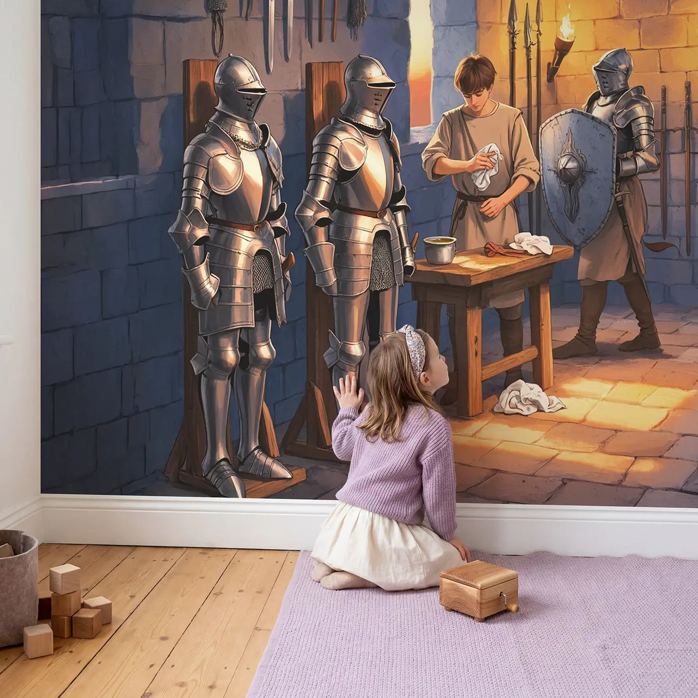Child in nursery with Castle Armory Knight Preparation Wallpaper Mural by Whimsy Tots