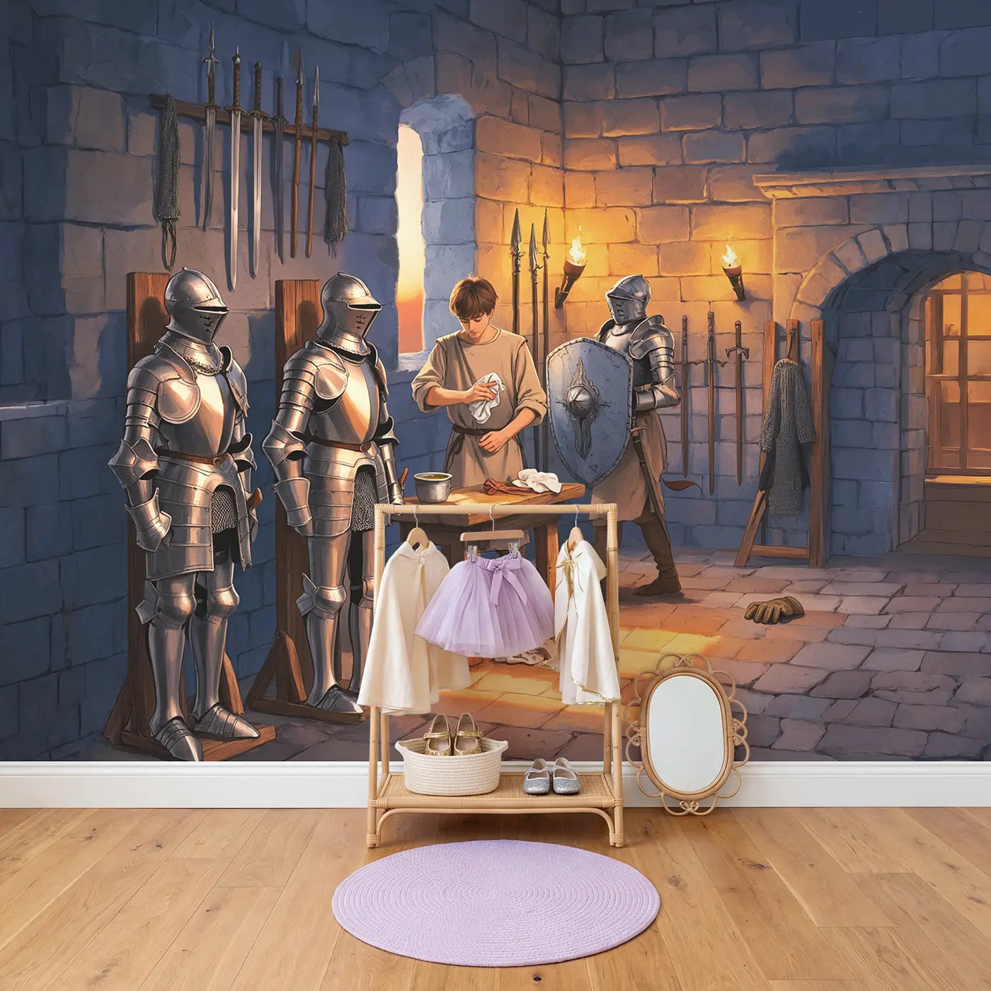 Castle Armory Knight Preparation Wallpaper Mural in playroom setting by Whimsy Tots