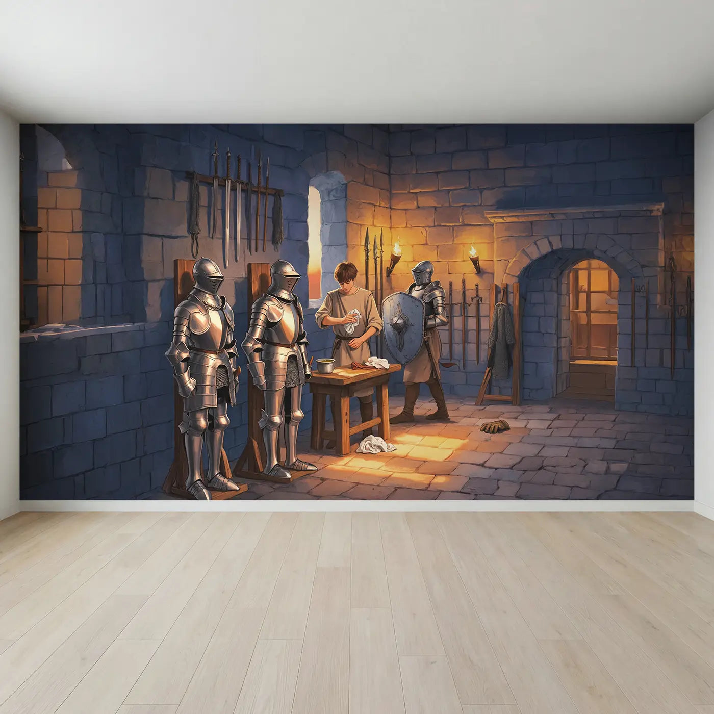 Full view of Castle Armory Knight Preparation Wallpaper Mural by Whimsy Tots