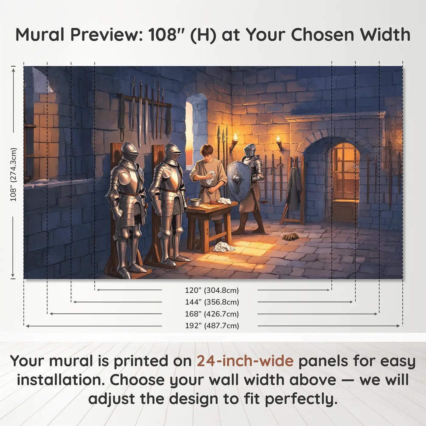 Panel layout and dimensions for Castle Armory Knight Preparation Wallpaper Mural by Whimsy Tots