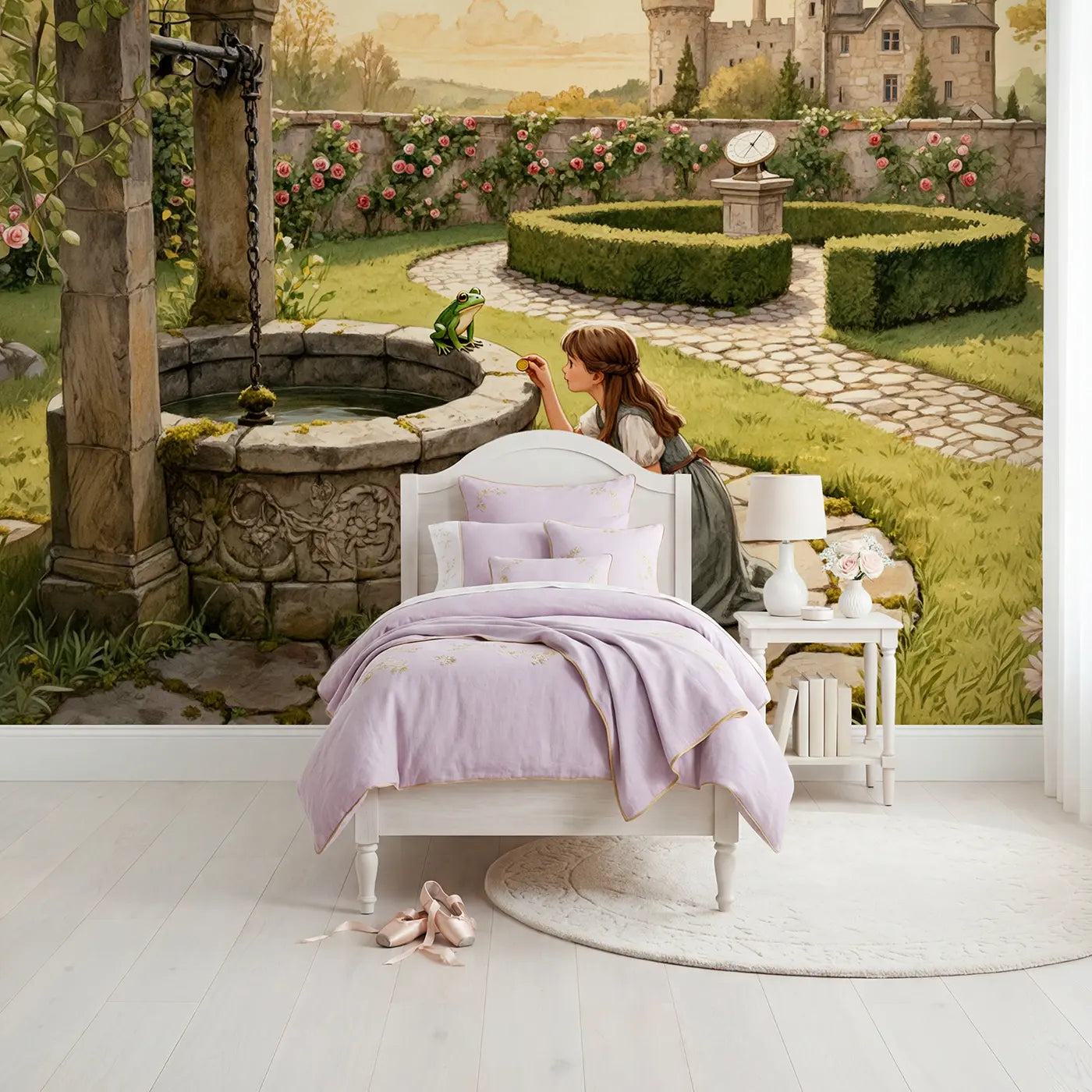Storybook princess wishing well garden wallpaper mural for girls room by Whimsy Tots