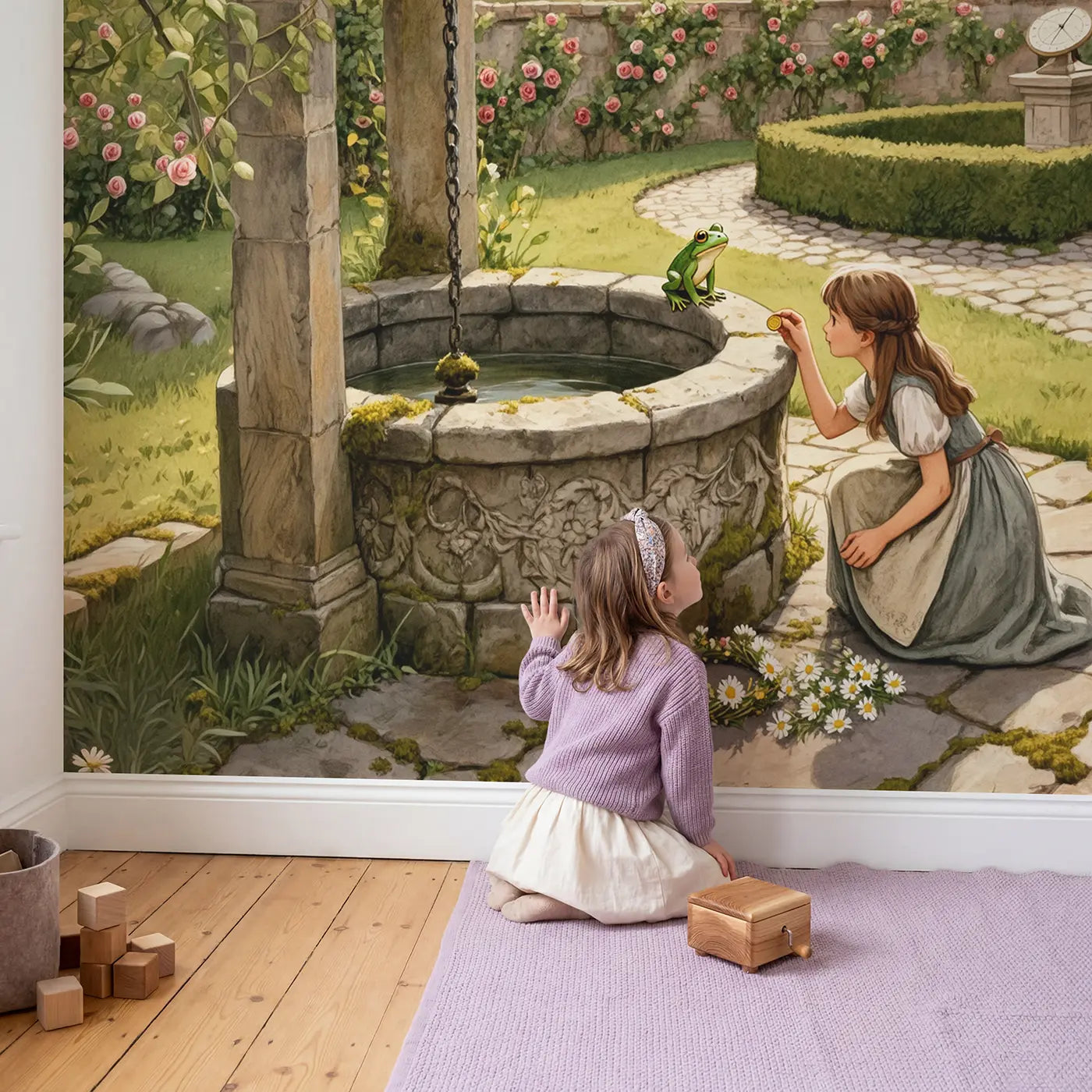 Child in nursery with Princess Wishing Well Garden Wallpaper Mural by Whimsy Tots