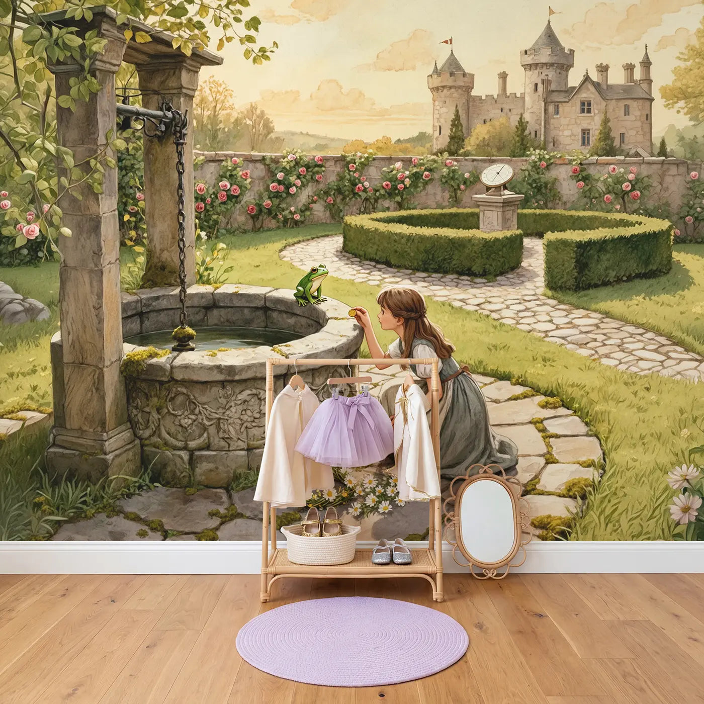 Princess Wishing Well Garden Wallpaper Mural in playroom setting by Whimsy Tots