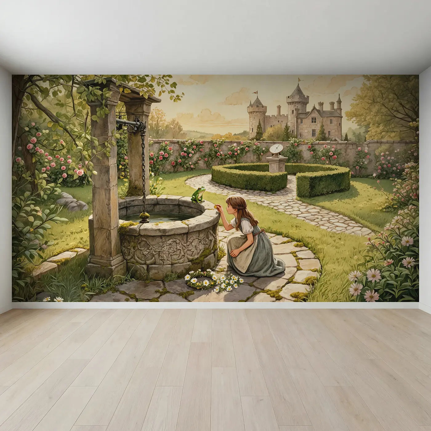 Full view of Princess Wishing Well Garden Wallpaper Mural by Whimsy Tots