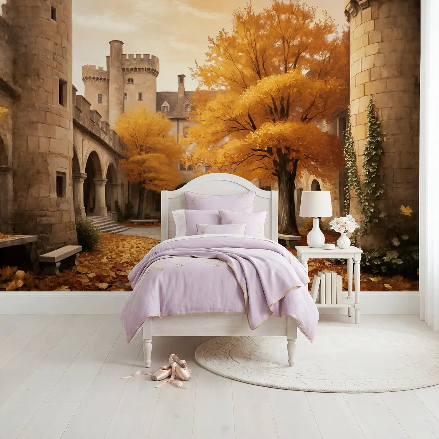 Soft pastel autumn castle courtyard wallpaper mural for girls room by Whimsy Tots