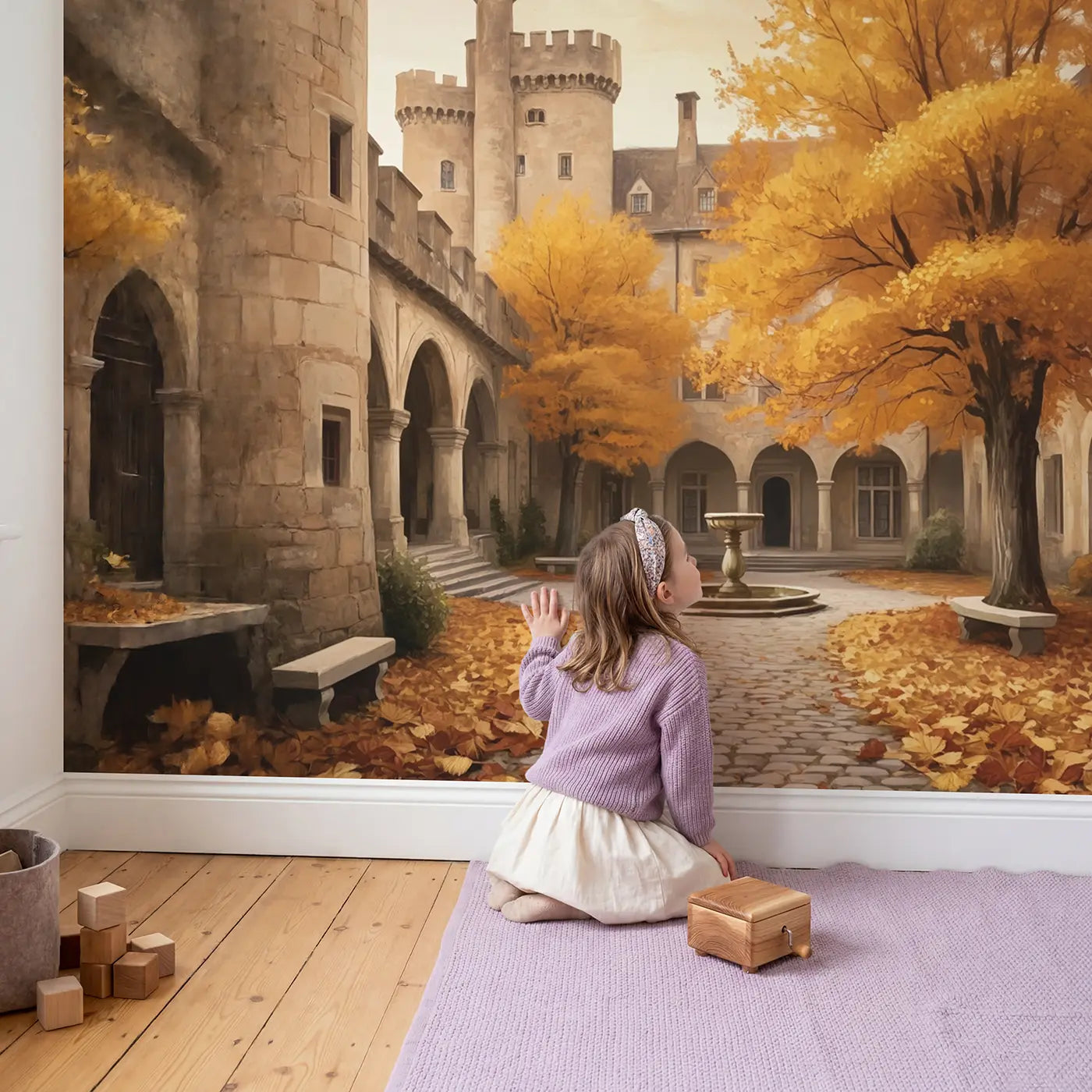 Child in nursery with Autumn Castle Courtyard Wallpaper Mural by Whimsy Tots
