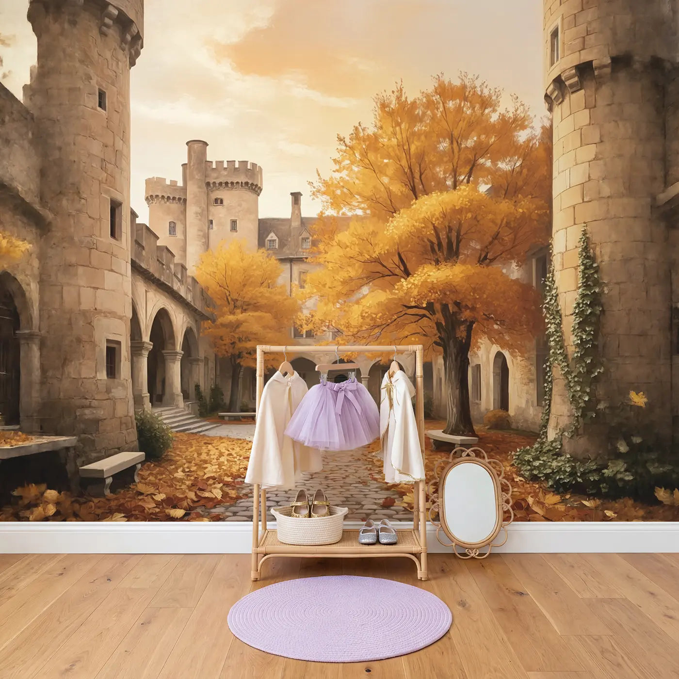 Autumn Castle Courtyard Wallpaper Mural in playroom setting by Whimsy Tots