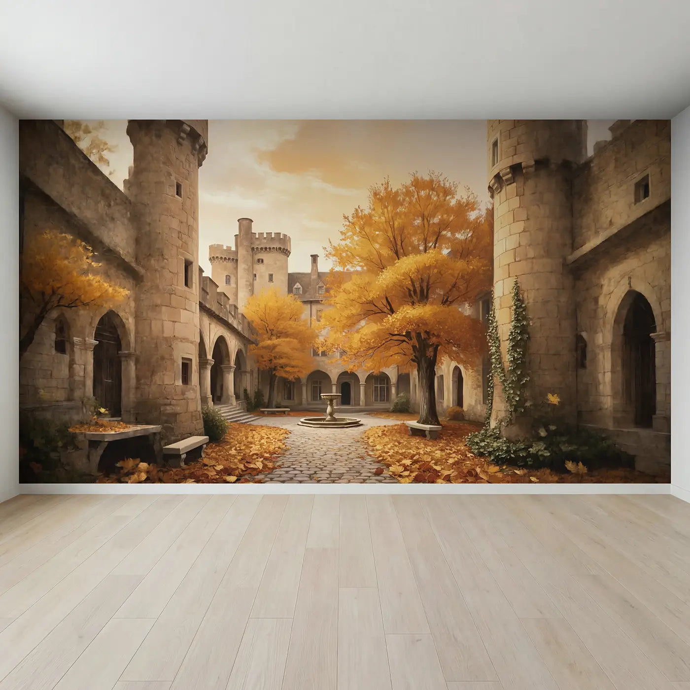 Full view of Autumn Castle Courtyard Wallpaper Mural by Whimsy Tots
